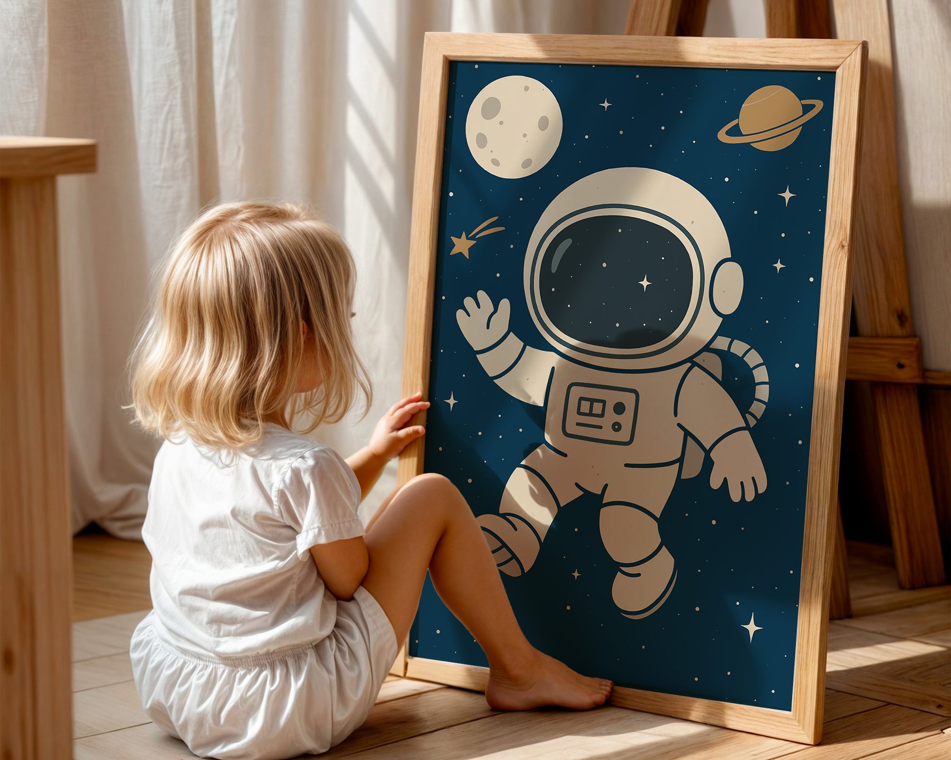 Kinderzimmer Poster personalisiert mit Namen, Babyzimmer Deko Weltraum Bilder, Astronaut Poster, Baby Geschenk Geburt Eltern, Poster Prints