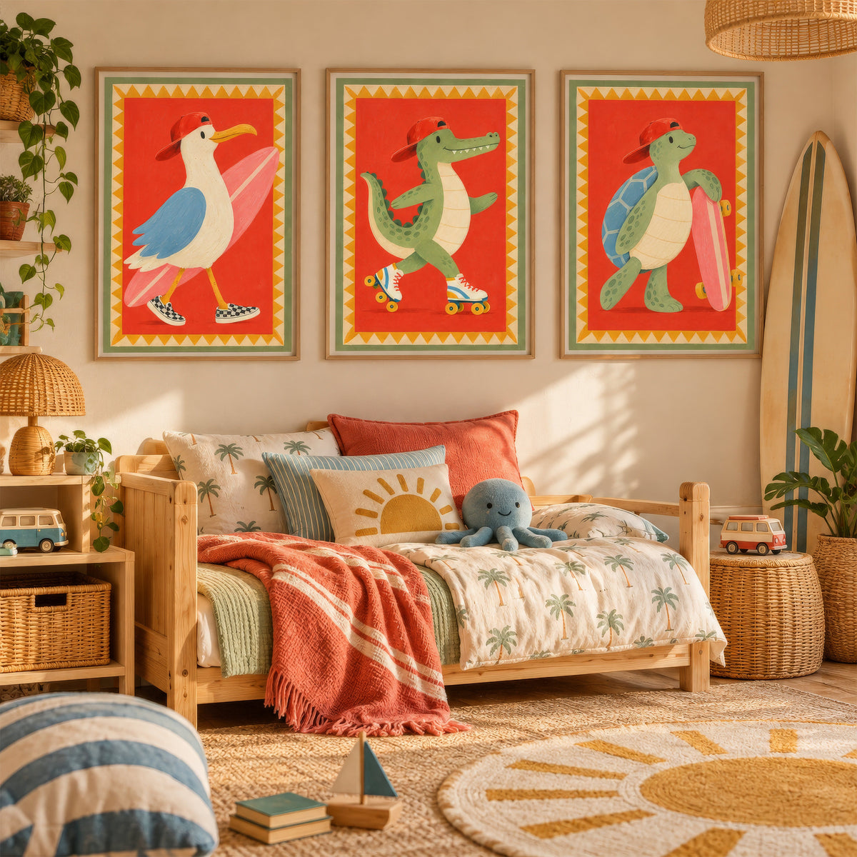 Kinderzimmer Poster Set Retro Bilder Tiere, Möwe Krokodil Schildkröte, Cool Kids Club Babyzimmer Deko Geschenk zur Geburt einzeln oder Set