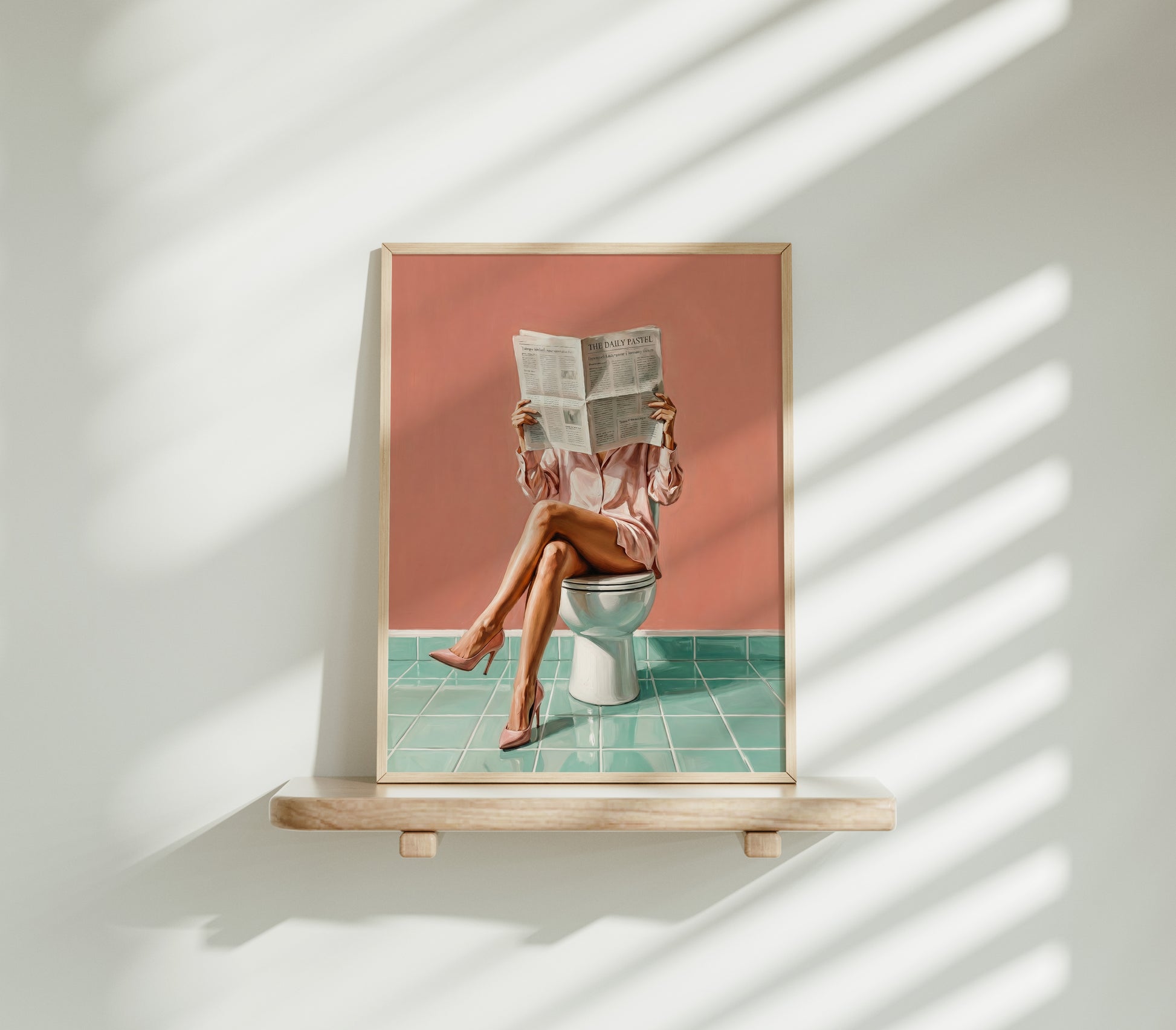 Frau liest Zeitung auf Toilette in High Heels Poster Badezimmer Deko Pastell Vintage Kunst