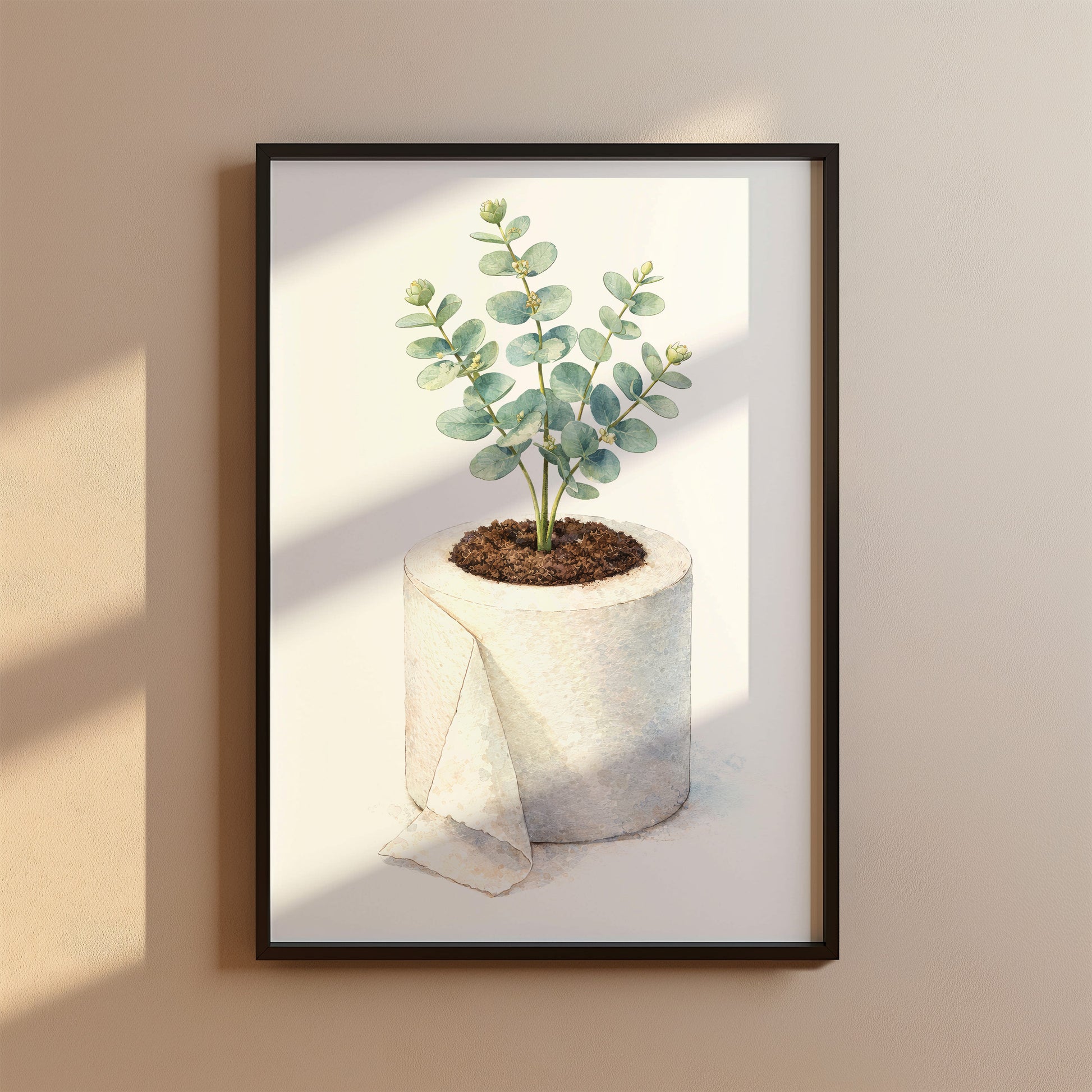 Badezimmer Poster mit Eukalyptus in Klopapierrolle als Watercolor Illustration