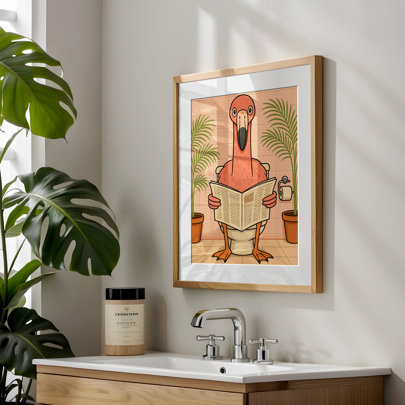 Flamingo liest Zeitung auf der Toilette - Badezimmer Poster Kunstdruck - Gäste WC Deko - Geschenk Einweihungsparty Hausbau Badezimmer Print