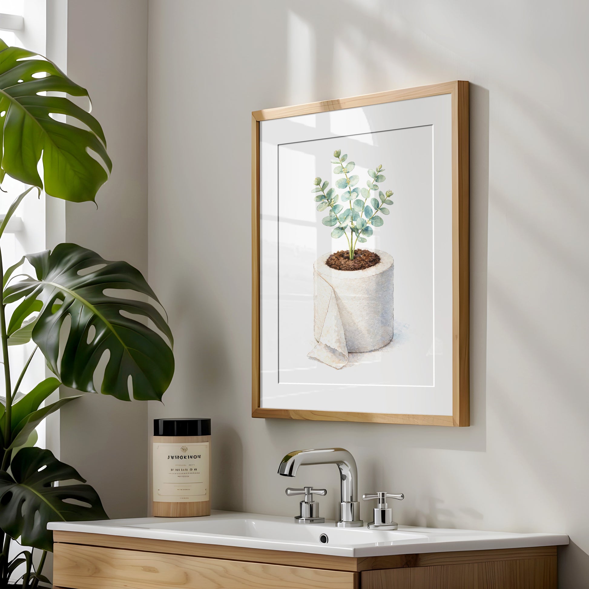 Badezimmer Poster mit Eukalyptus in Klopapierrolle als Watercolor Illustration