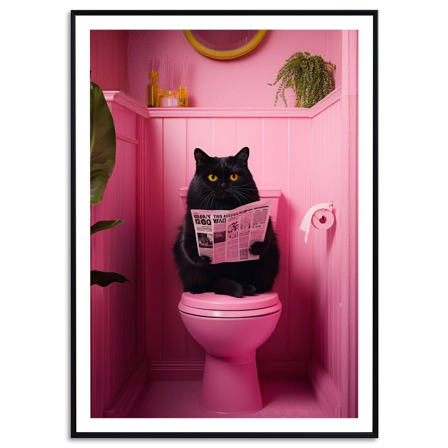 Katze auf Toilette Bild Badezimmer Poster Tiere auf dem Klo Deko Gäste WC Bild Pink Geschenk Hauskauf Wanddekoration Katze liest Zeitung