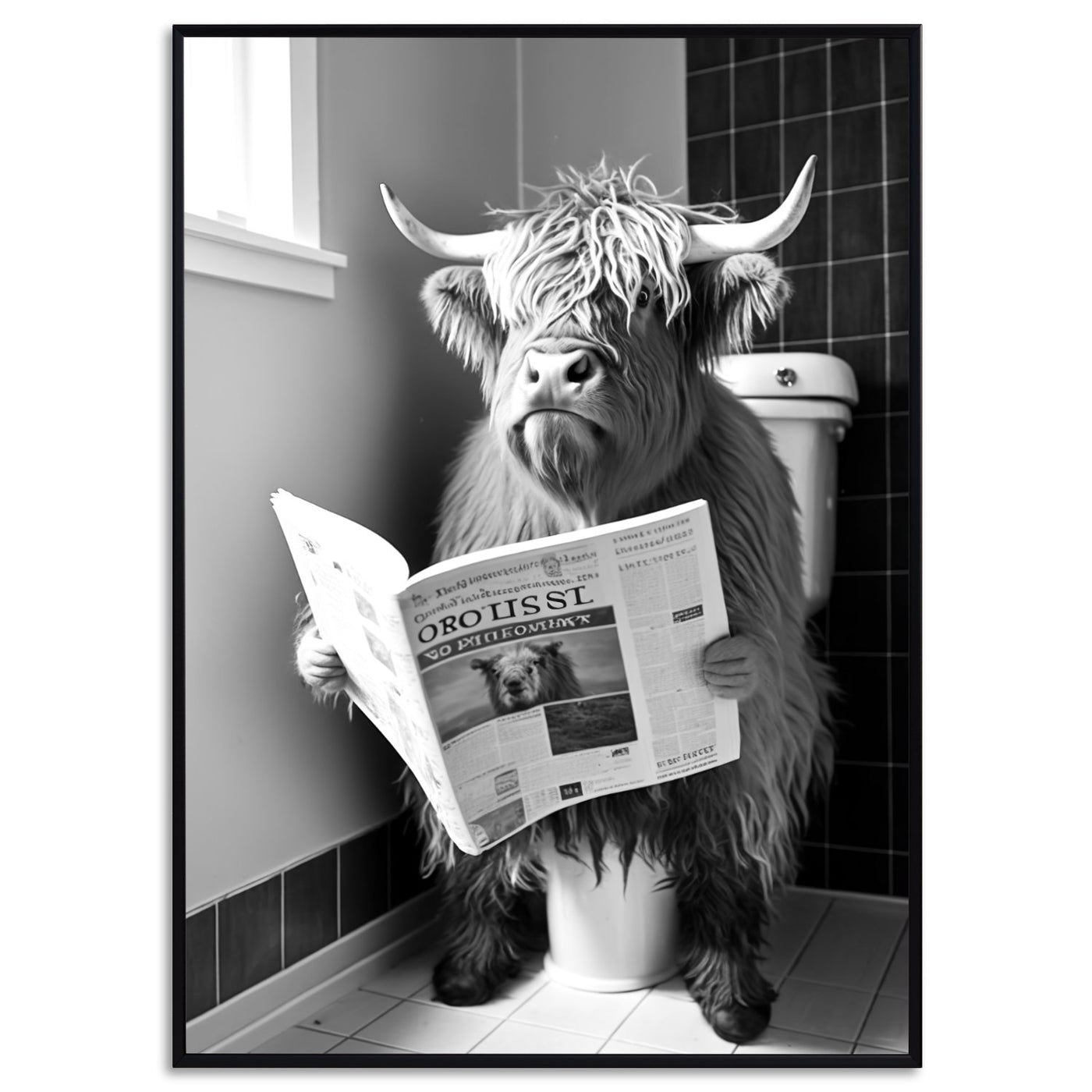 Kuh auf Klo Poster Gäste WC Bild Badezimmer Deko Stier auf Toilette Highland Cow Trendige Poster Wanddeko Art Deco Wanddekoration Lustig