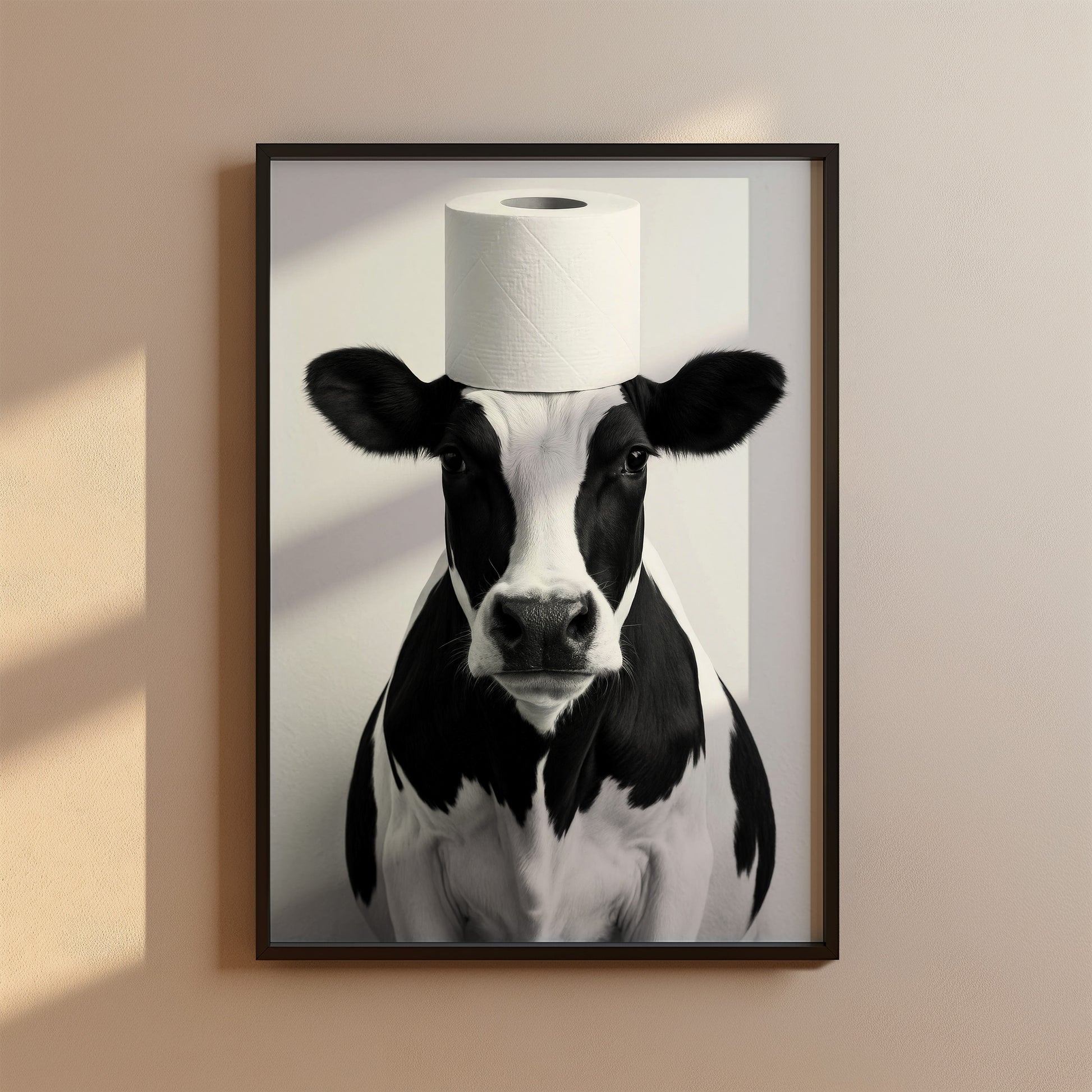 Geschenk zum Hauskauf - Badezimmer Poster Kuh mit Klopapierrolle auf dem Kopf