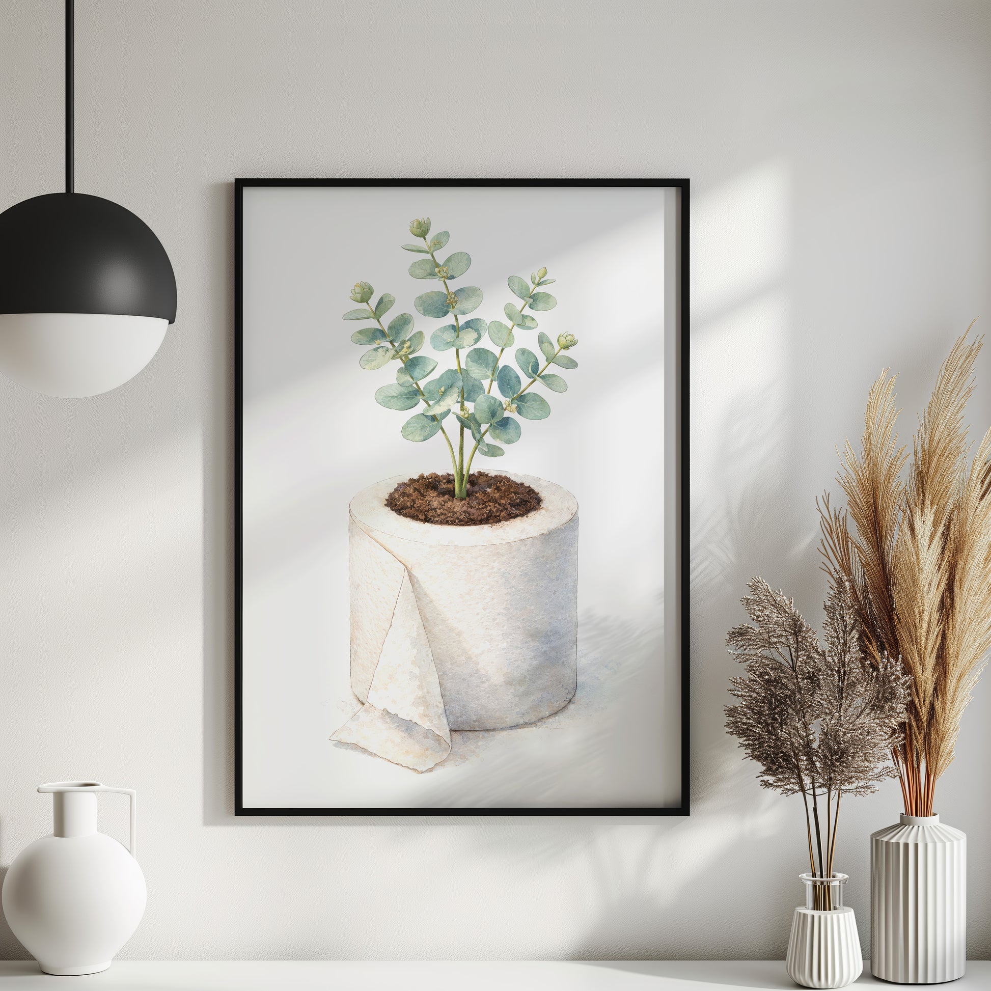 Badezimmer Poster mit Eukalyptus in Klopapierrolle als Watercolor Illustration
