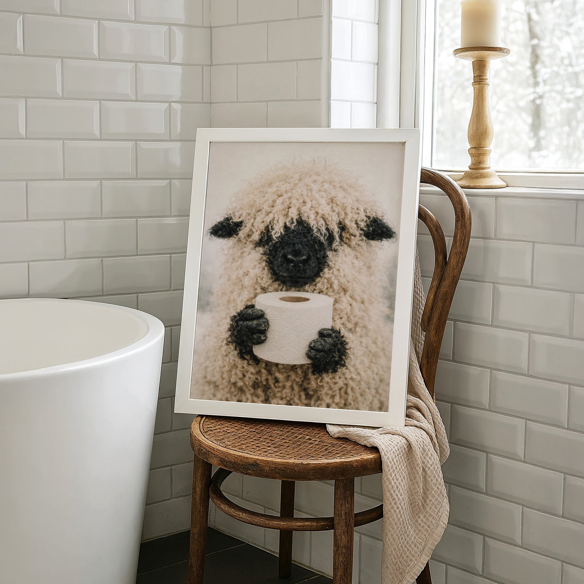 Lustiges Badezimmer Poster - Schaf hält Klopapierrolle