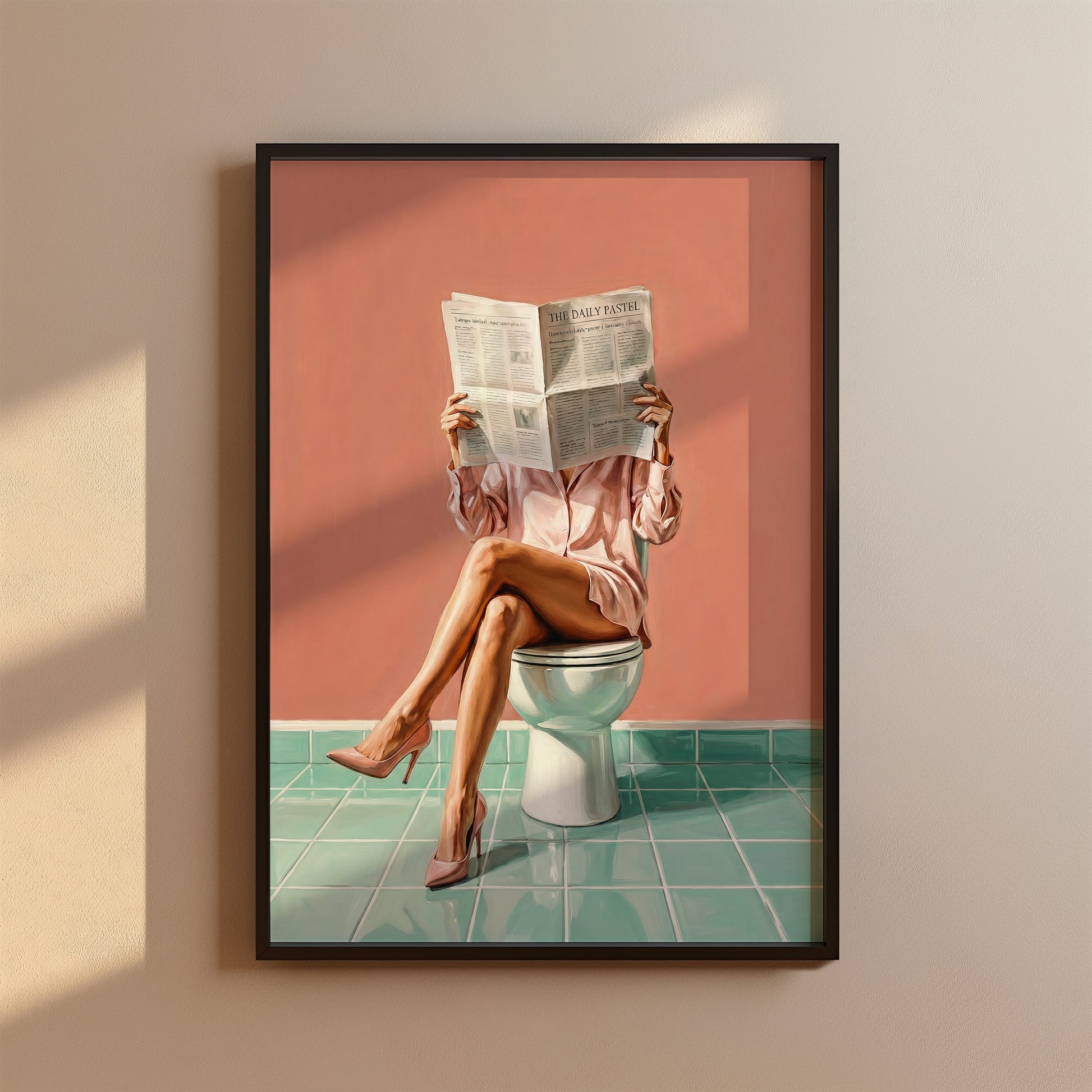 Frau liest Zeitung auf Toilette in High Heels Poster Badezimmer Deko Pastell Vintage Kunst