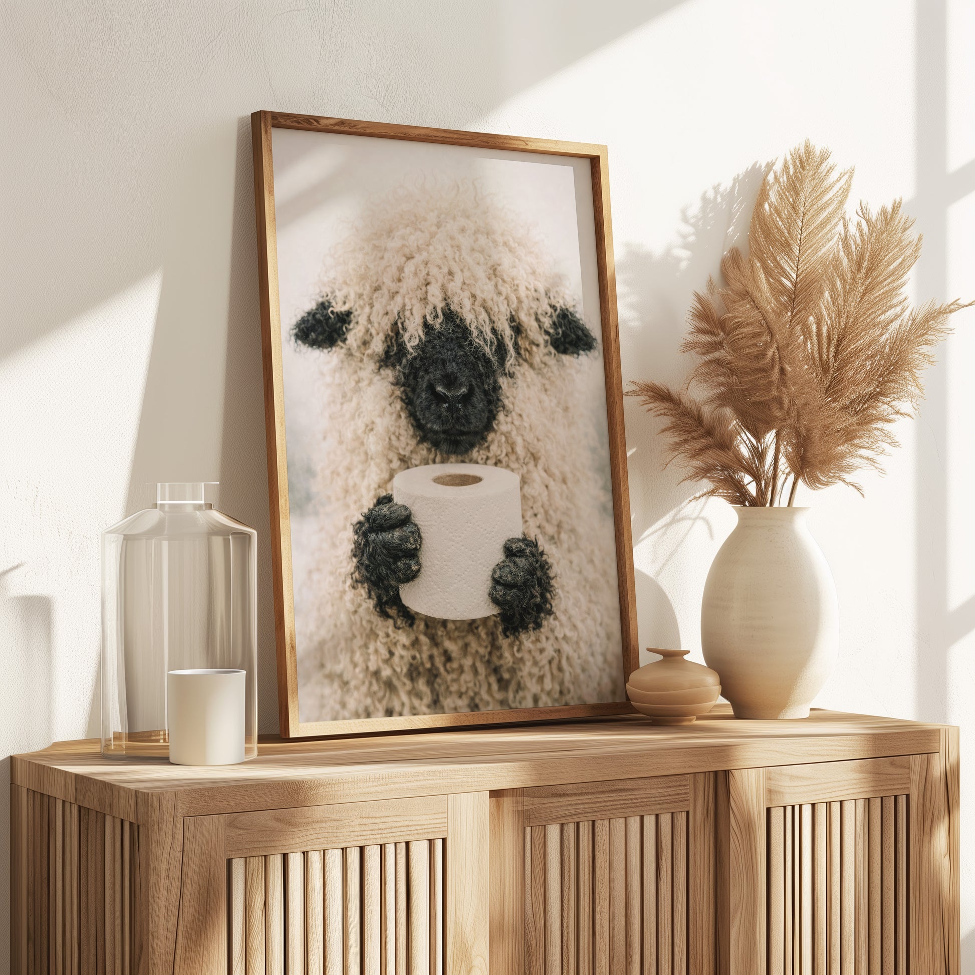 Lustiges Badezimmer Poster - Schaf hält Klopapierrolle
