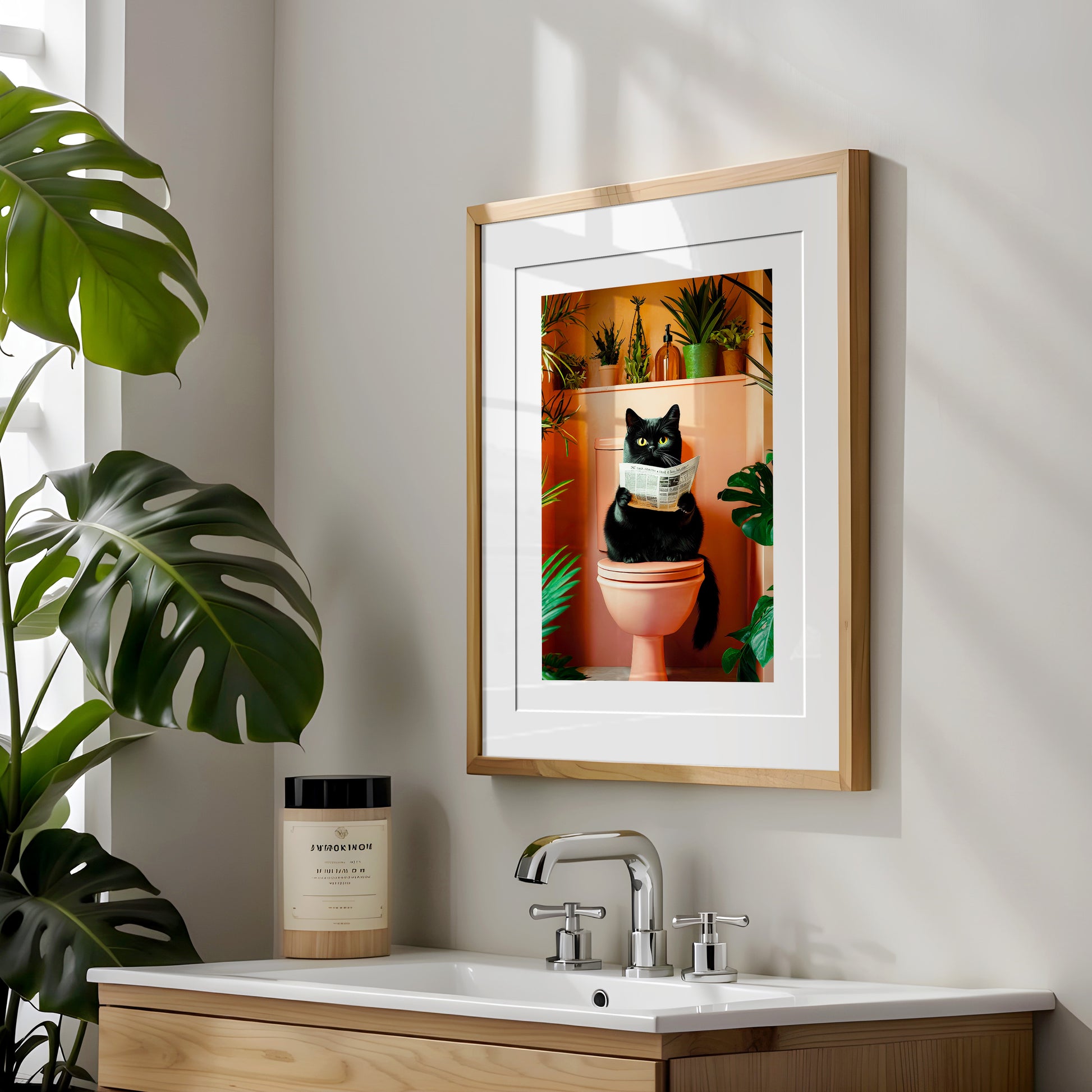 Geschenk Hauskauf Badezimmer Poster Katze auf Toilette liest Zeitung Deko Gäste WC Einweihungsgeschenk Badezimmer Print Katzenliebhaber