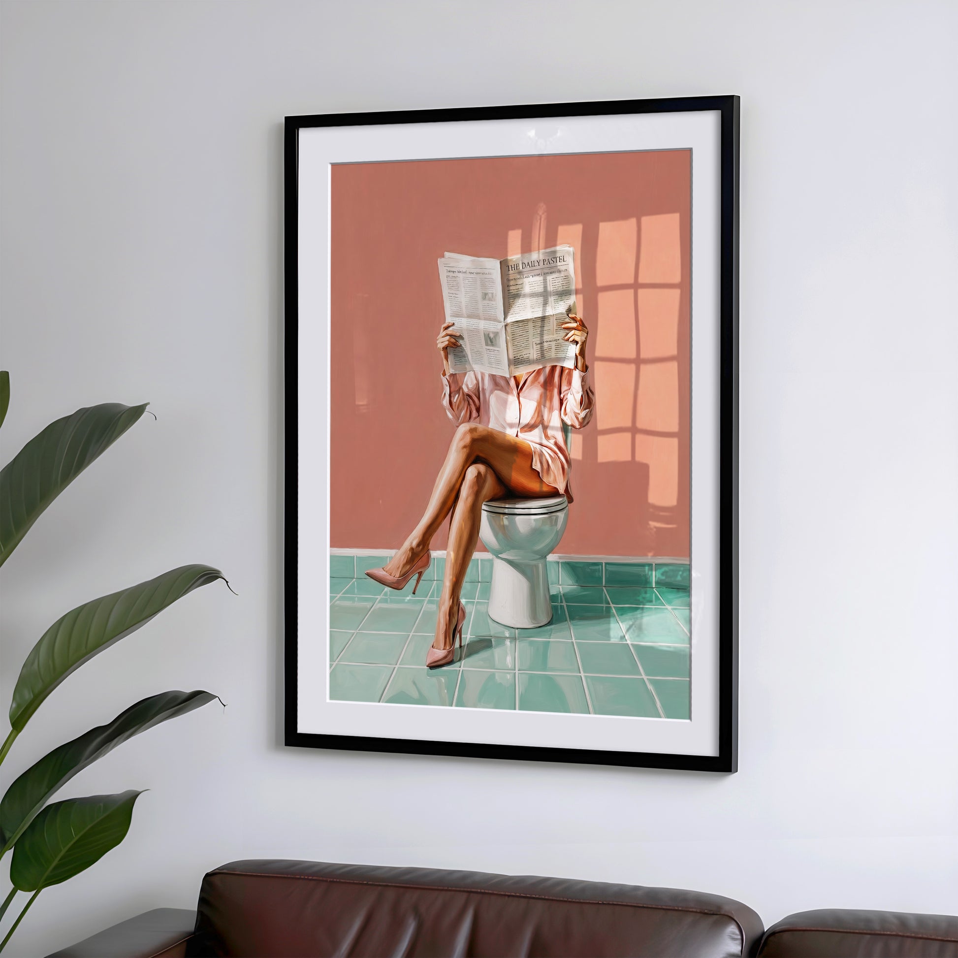 Frau liest Zeitung auf Toilette in High Heels Poster Badezimmer Deko Pastell Vintage Kunst