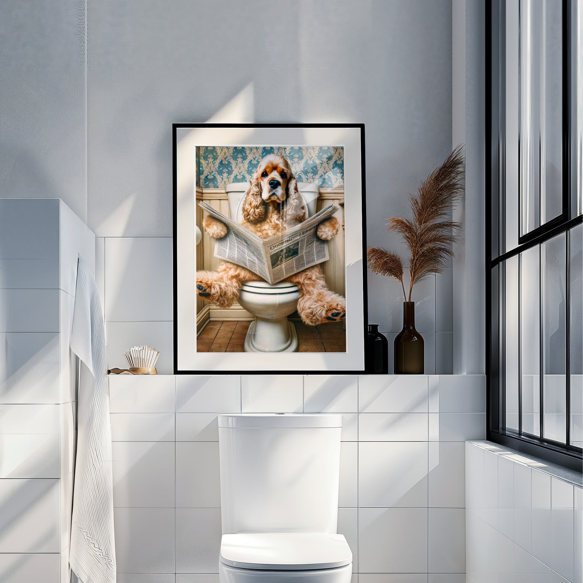 Deko Badezimmer Poster Cocker Spaniel Gäste WC Geschenk Hauskauf Tiere auf dem Klo Poster Lustig Wanddekoration Hund auf Klo liest Zeitung