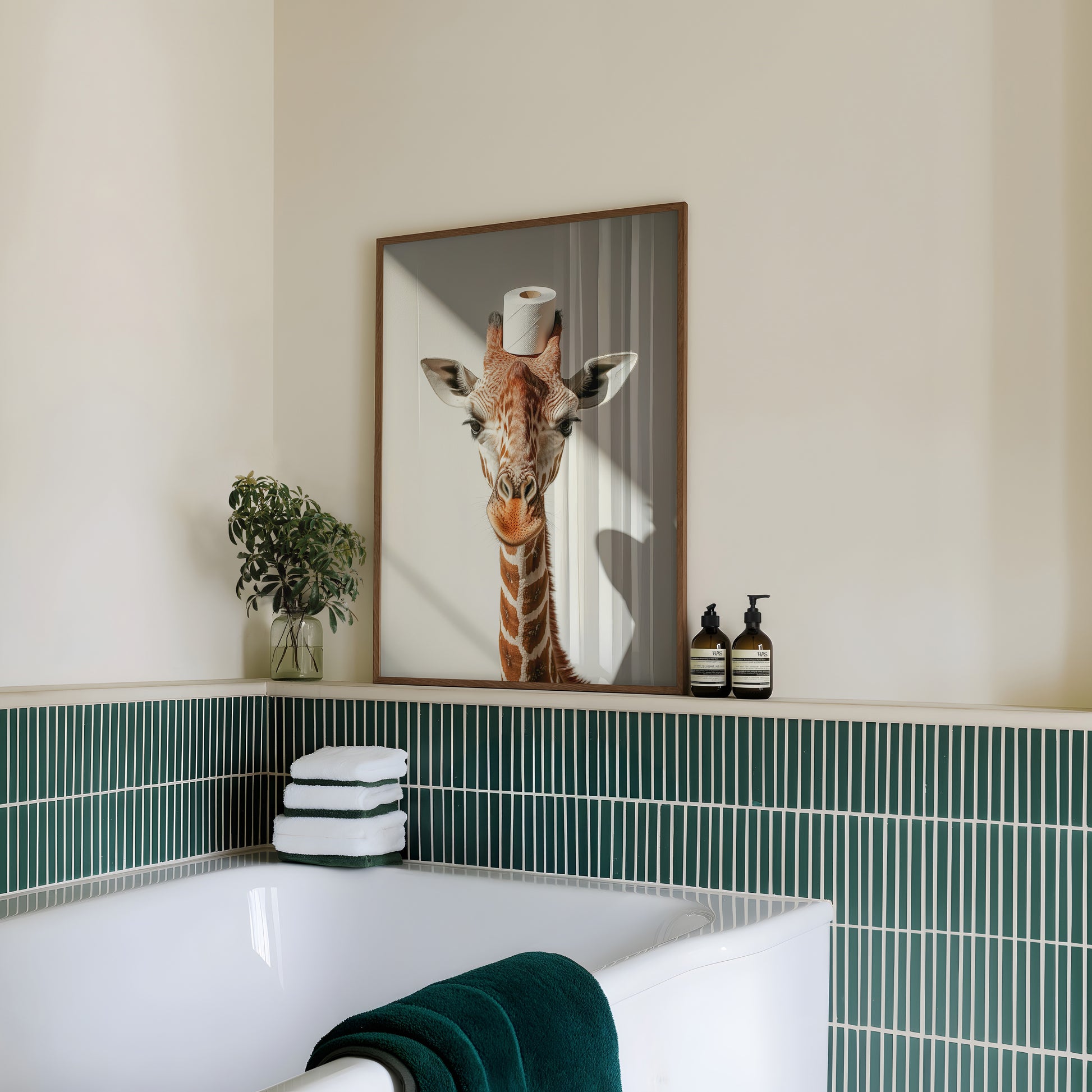 Giraffe mit einer Toilettenpapierrolle auf dem Kopf - Poster Badezimmer Wanddekoration