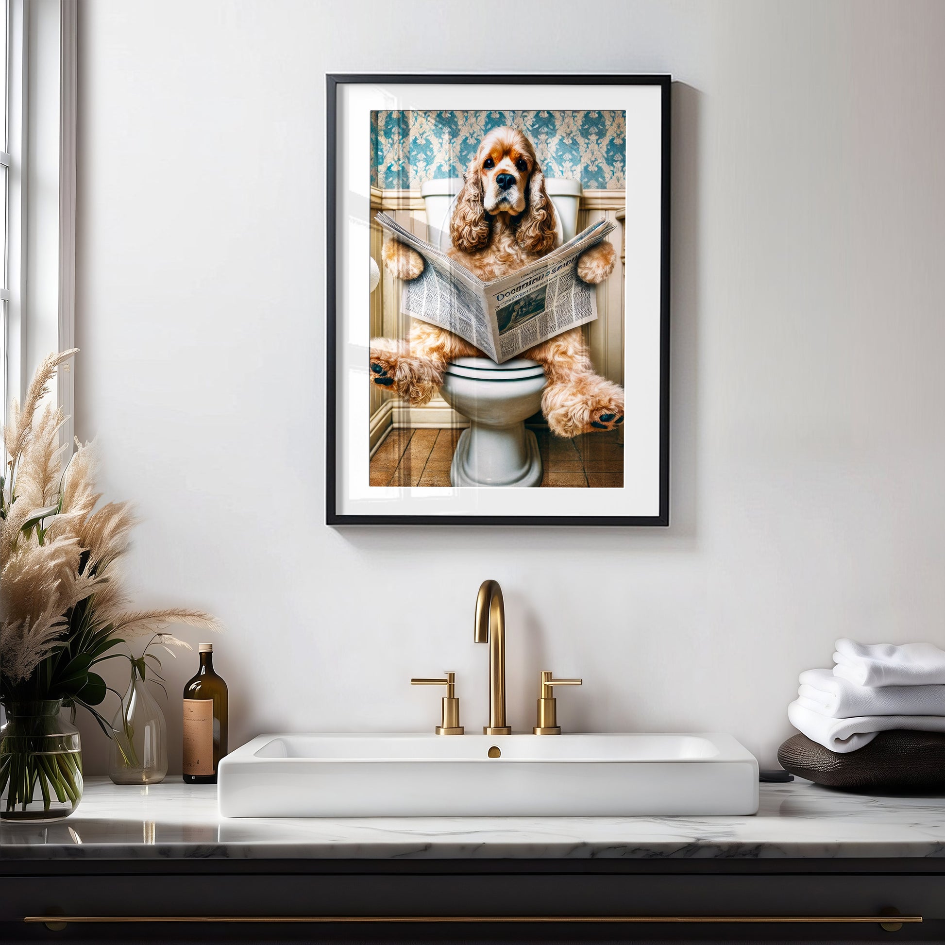 Deko Badezimmer Poster Cocker Spaniel Gäste WC Geschenk Hauskauf Tiere auf dem Klo Poster Lustig Wanddekoration Hund auf Klo liest Zeitung