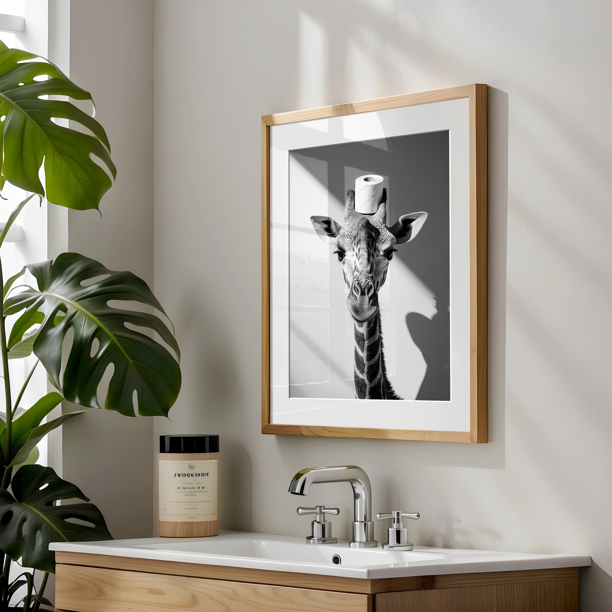 Giraffe mit einer Toilettenpapierrolle auf dem Kopf - Poster Badezimmer Bilder Lustig