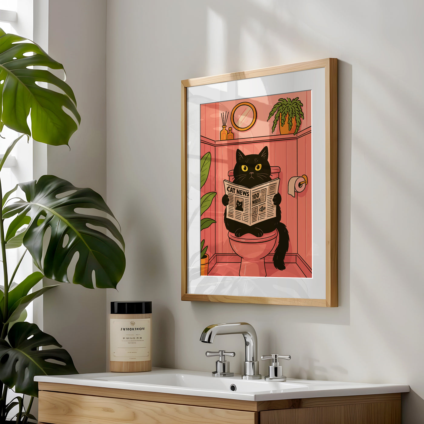 Badezimmer Poster Lustig - Katze liest Zeitung auf dem Klo - Badezimmer Bilder Kunstdruck - Gäste WC Deko - Geschenk Hausbau Moderne Poster