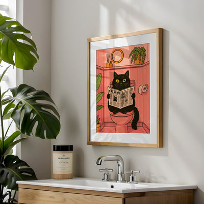 Badezimmer Poster Lustig - Katze liest Zeitung auf dem Klo - Badezimmer Bilder Kunstdruck - Gäste WC Deko - Geschenk Hausbau Moderne Poster