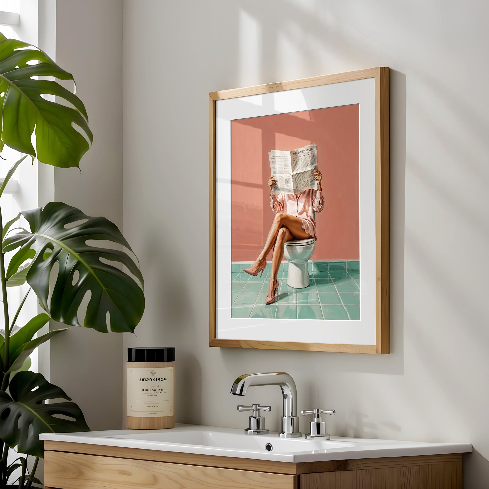 Frau liest Zeitung auf Toilette in High Heels Poster Badezimmer Deko Pastell Vintage Kunst