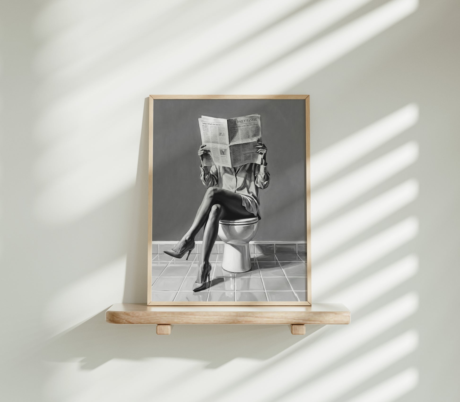 Schwarz Weiß Poster Badezimmer Ölgemälde Frau  in High Heels liest Zeitung auf Toilette