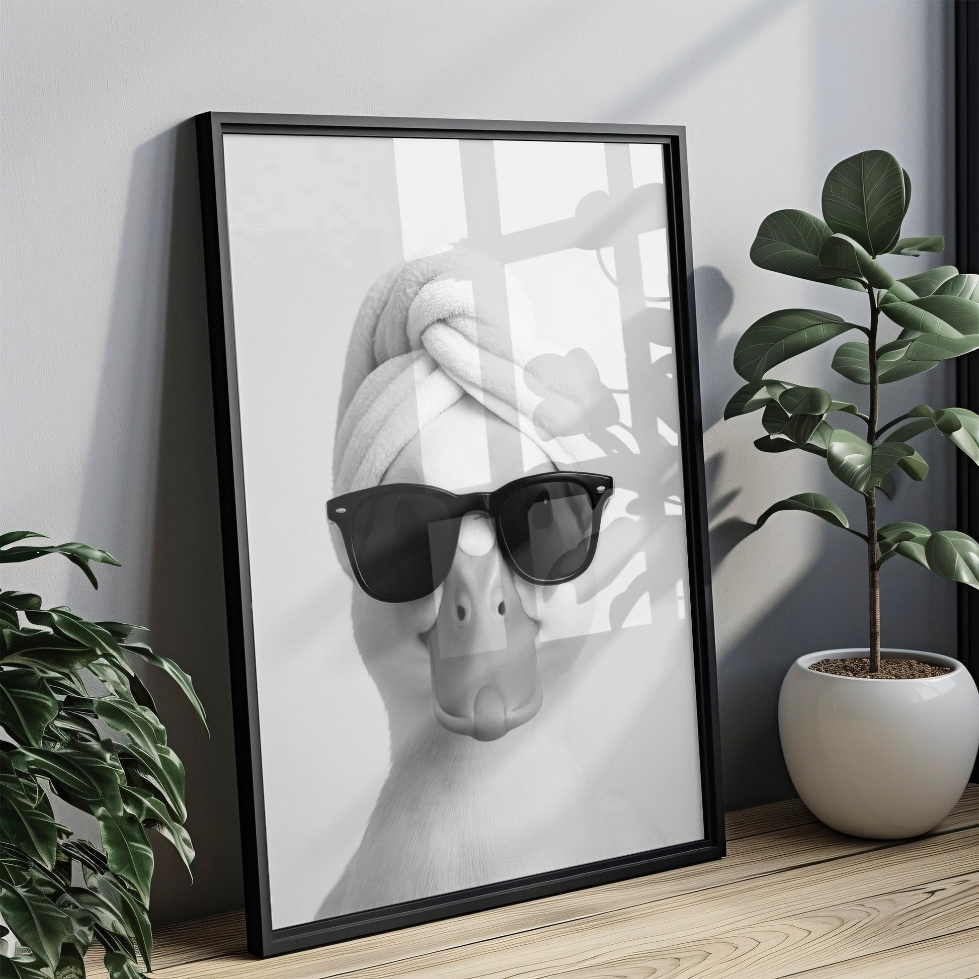 Schwarz-Weiß Poster Badezimmer Ente mit Handtuch-Turban & Sonnenbrille