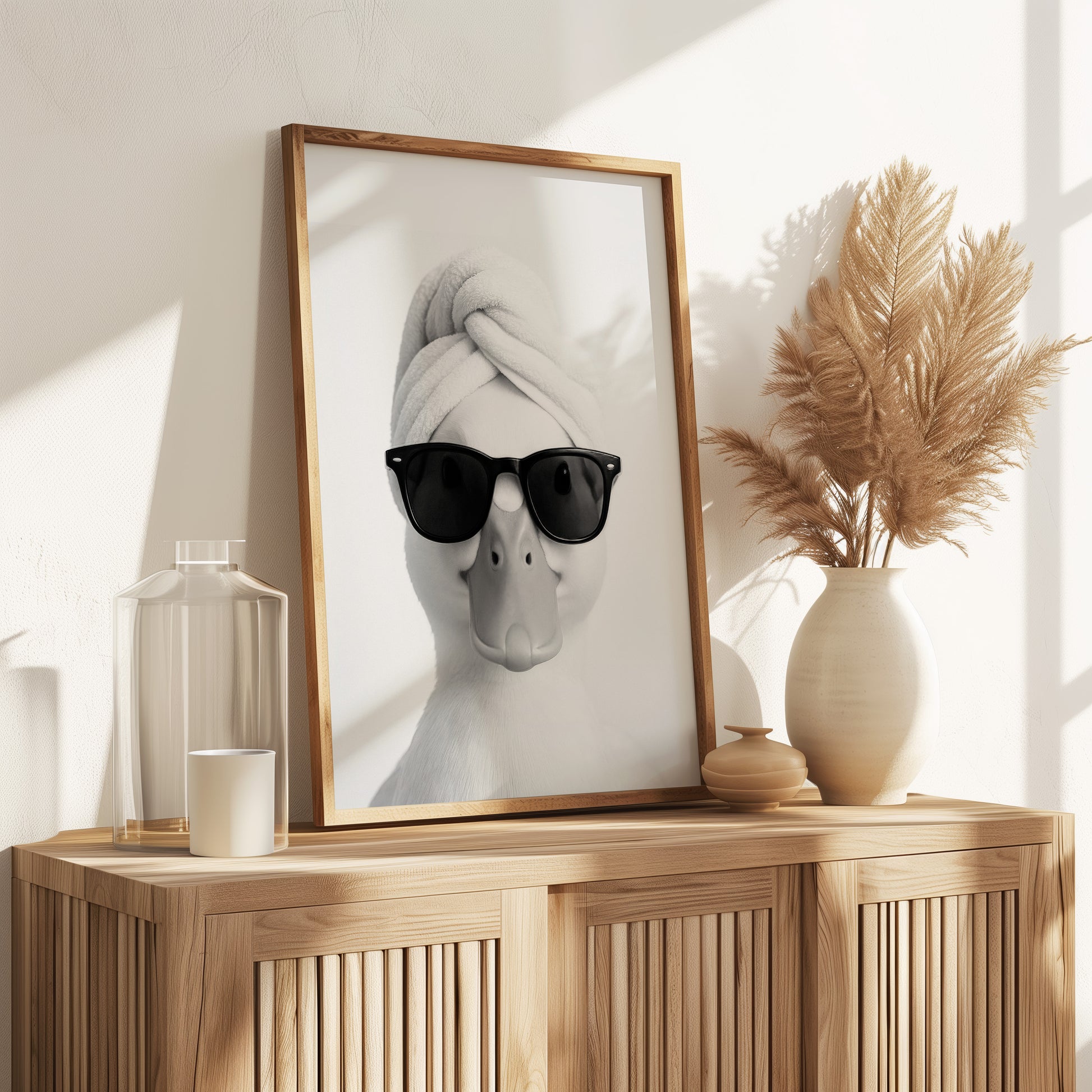 Schwarz-Weiß Poster Badezimmer Ente mit Handtuch-Turban & Sonnenbrille