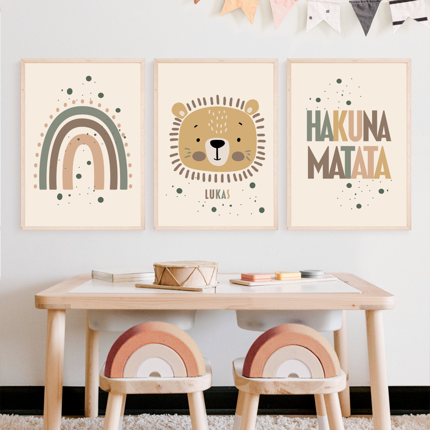 Kinderzimmer Poster Löwe, Regenbogen, Hakuna Matata Boho Prints Personalisiert