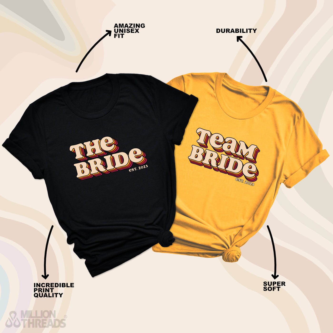 Team Bride Shirt JGA Braut Retro T-Shirt 70er Shirts Junggesellinnenabschied Jga Frauen Unisex Shirts Braut und Team Braut