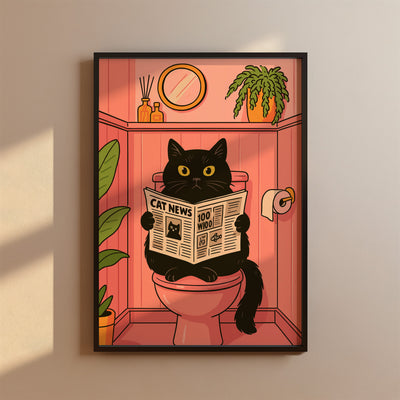 Badezimmer Poster Lustig - Katze liest Zeitung auf dem Klo - Badezimmer Bilder Kunstdruck - Gäste WC Deko - Geschenk Hausbau Moderne Poster