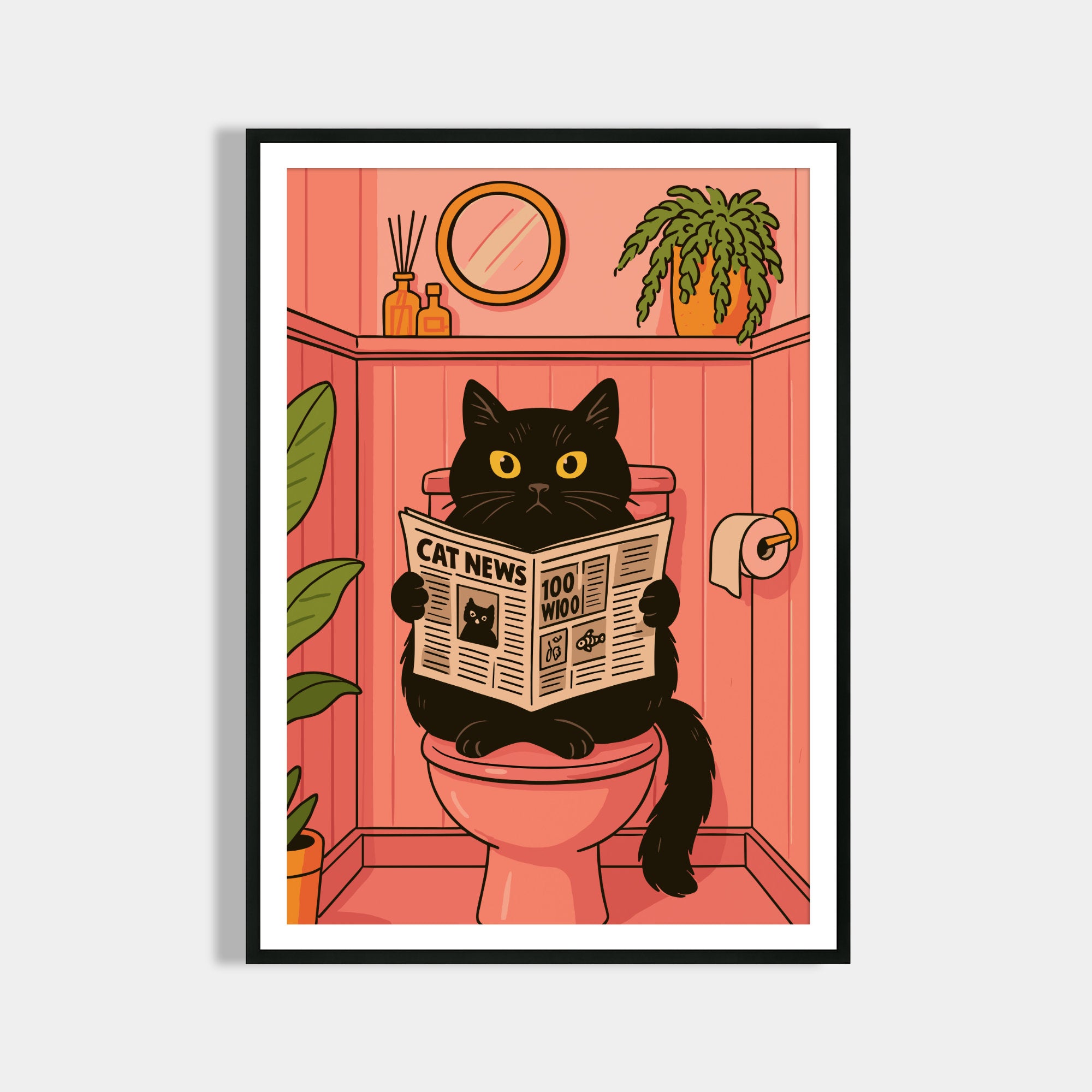 Badezimmer Poster Lustig - Katze liest Zeitung auf dem Klo - Badezimmer Bilder Kunstdruck - Gäste WC Deko - Geschenk Hausbau Moderne Poster