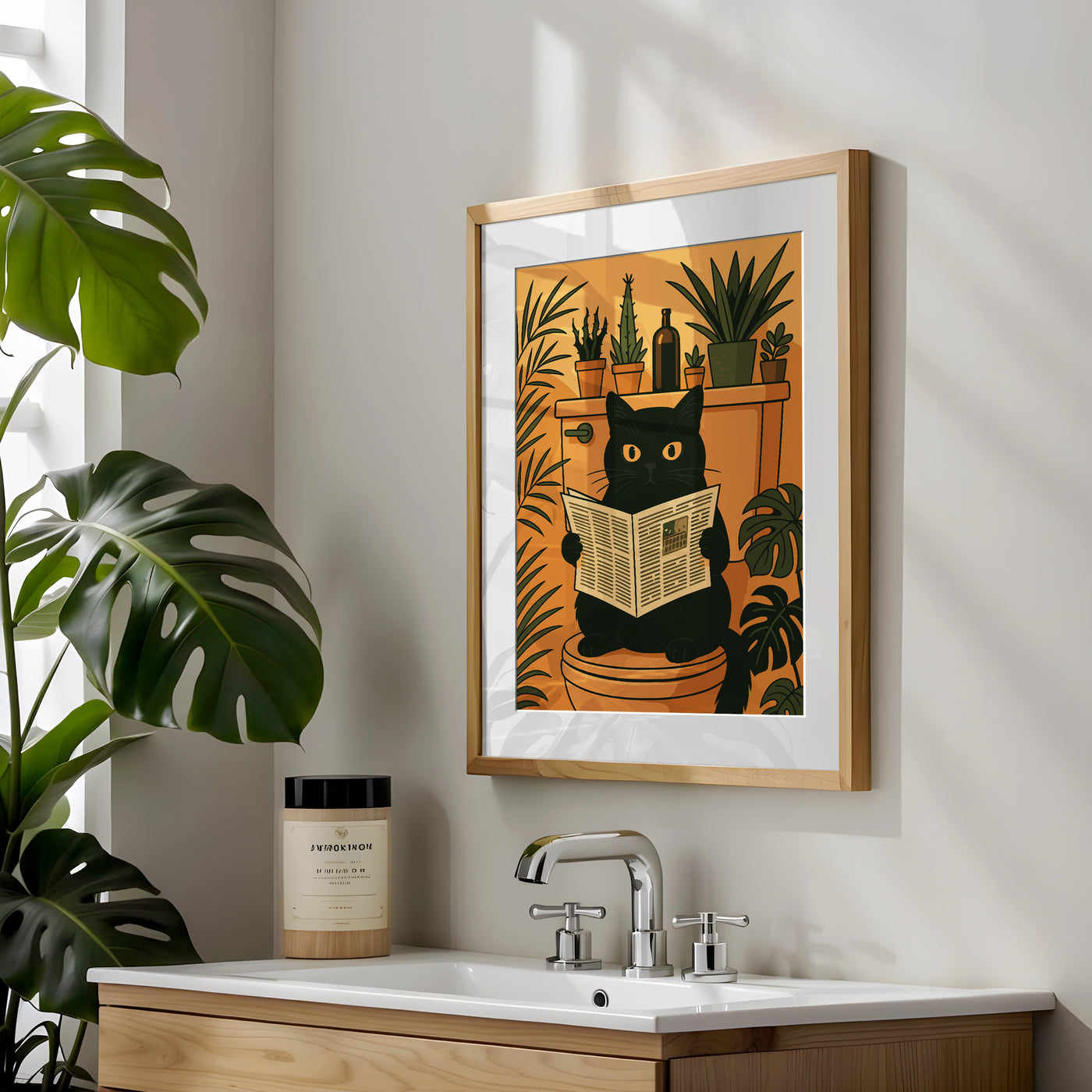 Katze liest Zeitung auf der Toilette - Badezimmer Poster Kunstdruck - Gäste WC Deko - Geschenk Einweihungsparty & Hausbau - Badezimmer Print