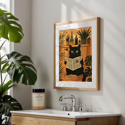 Katze liest Zeitung auf der Toilette - Badezimmer Poster Kunstdruck - Gäste WC Deko - Geschenk Einweihungsparty & Hausbau - Badezimmer Print