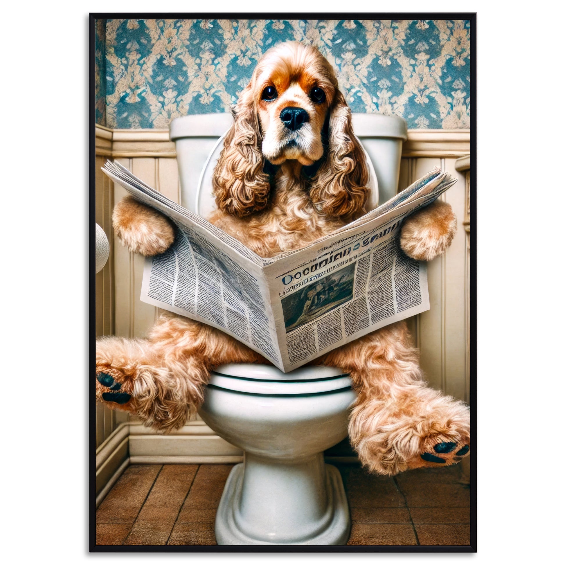 Deko Badezimmer Poster Cocker Spaniel Gäste WC Geschenk Hauskauf Tiere auf dem Klo Poster Lustig Wanddekoration Hund auf Klo liest Zeitung