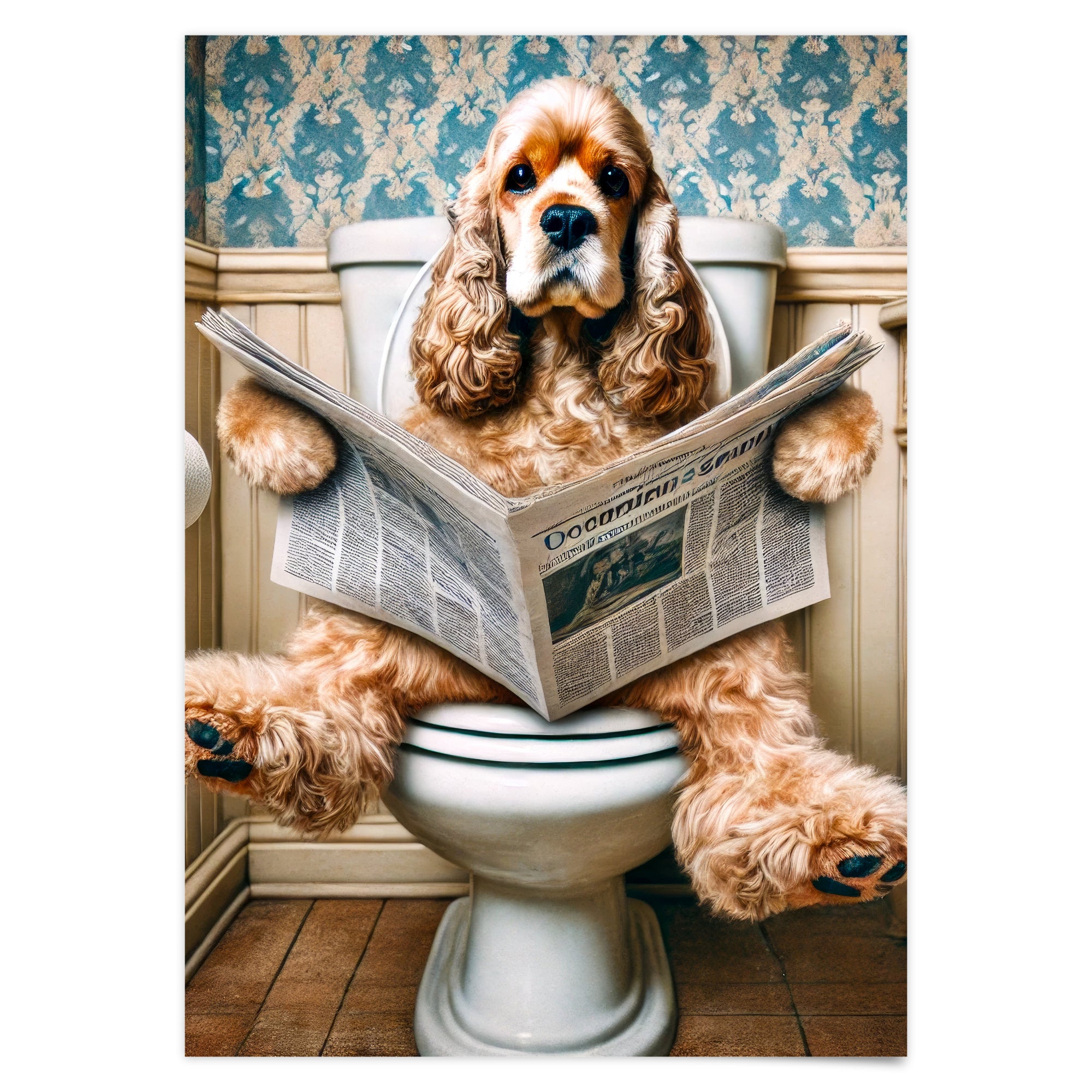 Deko Badezimmer Poster Cocker Spaniel Gäste WC Geschenk Hauskauf Tiere auf dem Klo Poster Lustig Wanddekoration Hund auf Klo liest Zeitung