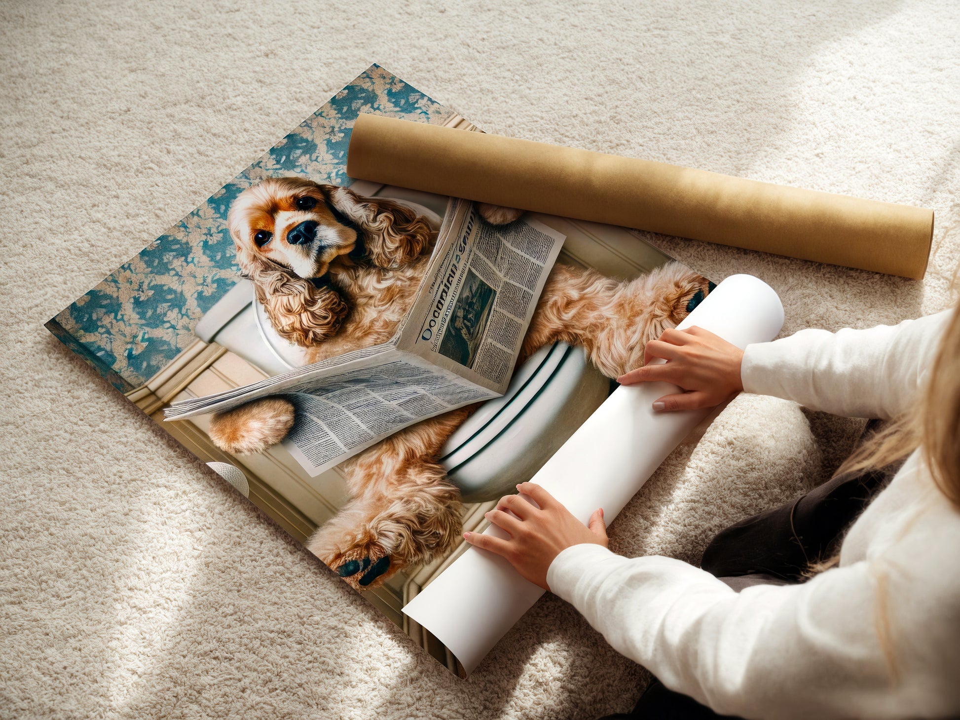 Deko Badezimmer Poster Cocker Spaniel Gäste WC Geschenk Hauskauf Tiere auf dem Klo Poster Lustig Wanddekoration Hund auf Klo liest Zeitung