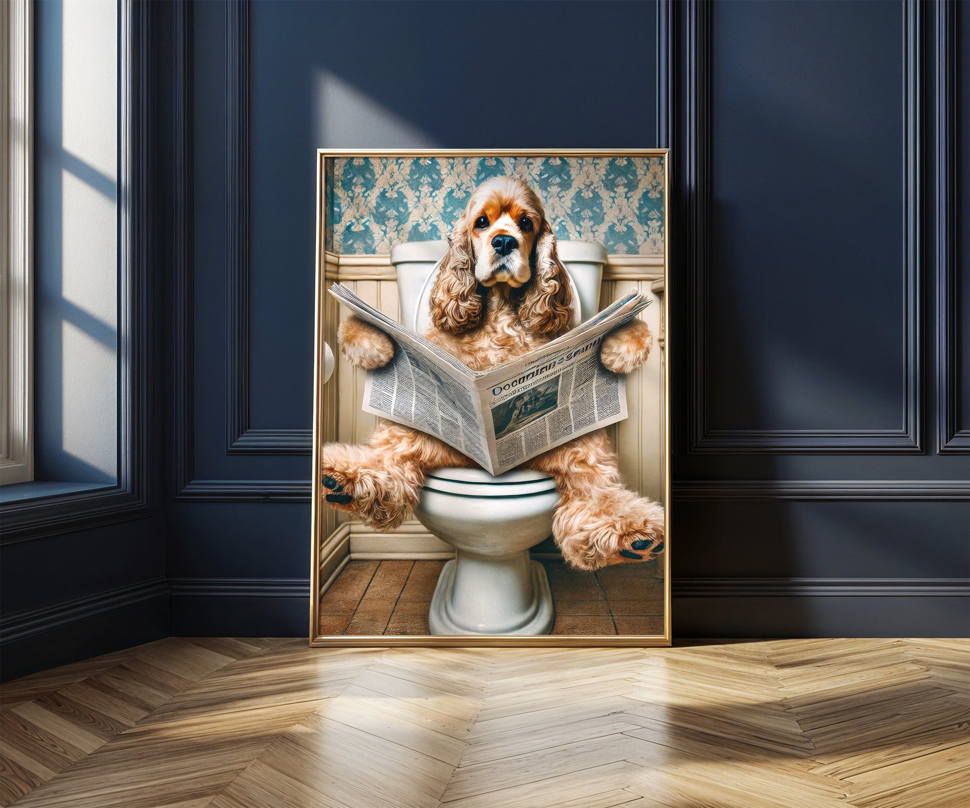Deko Badezimmer Poster Cocker Spaniel Gäste WC Geschenk Hauskauf Tiere auf dem Klo Poster Lustig Wanddekoration Hund auf Klo liest Zeitung
