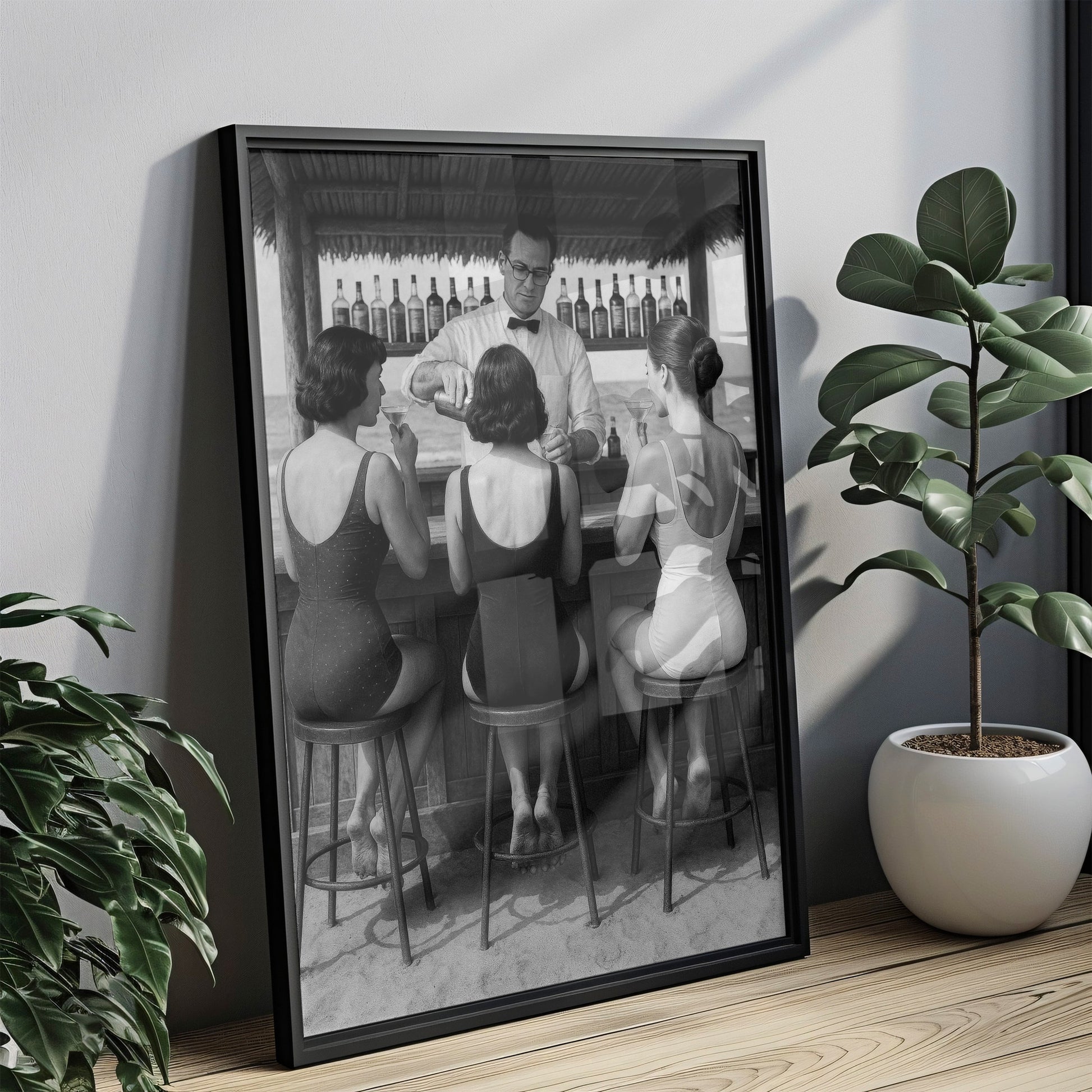 Frauen trinken Cocktails an der Bar Vintage Poster Wandkunst, schwarz weiß Druck, drei Freunde Vintage Bild, Alkohol Kunst, Retro Poster Art