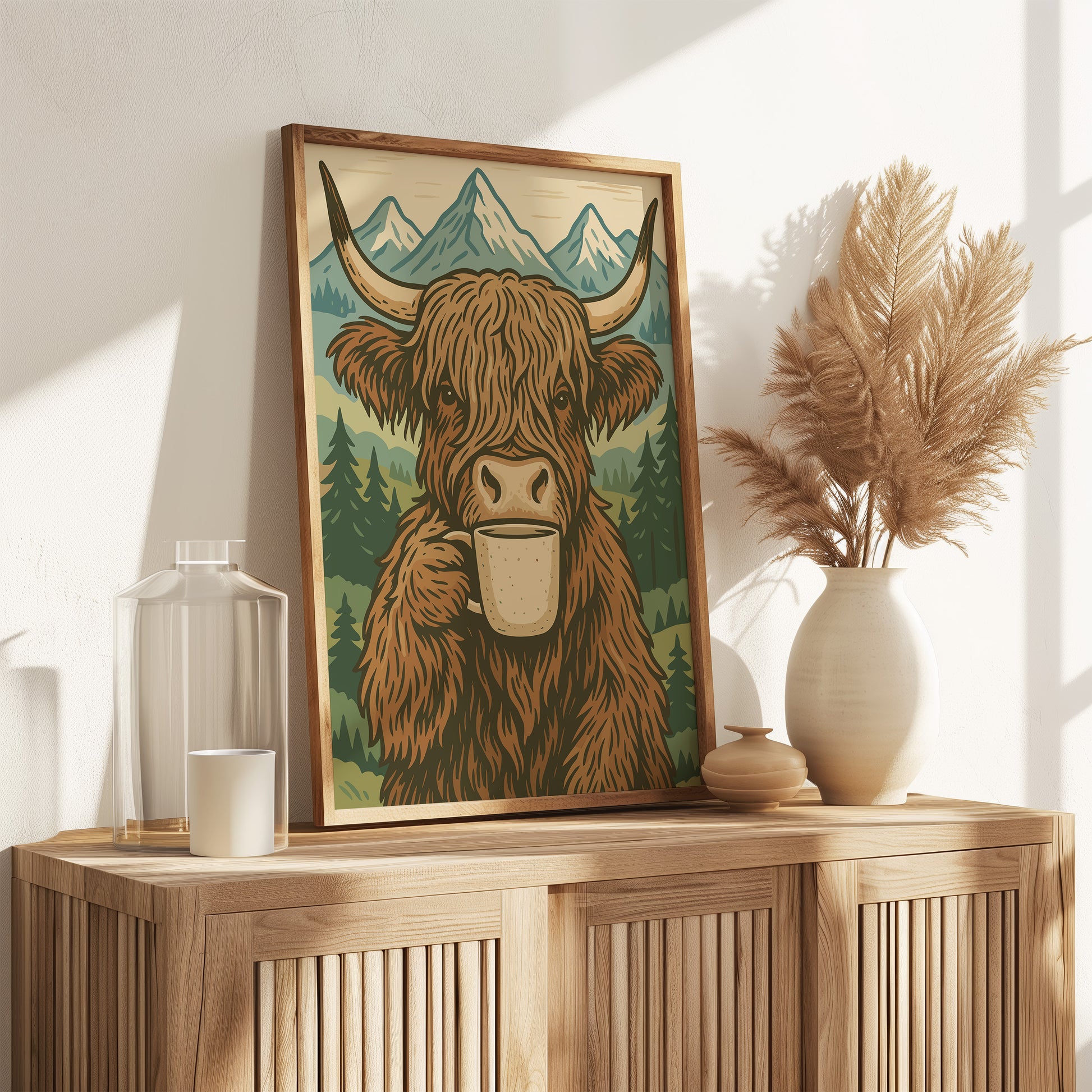 Highland Kuh trinkt Kaffee - Boho Poster Deko - Esszimmer Poster - Küchen Deko Print - Geschenk Kaffeeliebhaber - Moderne Wohndekoration