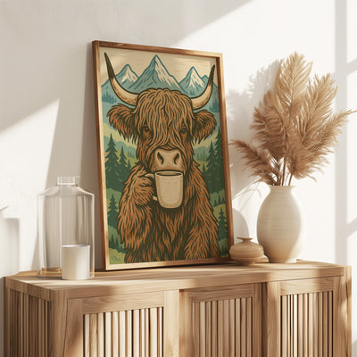 Highland Kuh trinkt Kaffee - Boho Poster Deko - Esszimmer Poster - Küchen Deko Print - Geschenk Kaffeeliebhaber - Moderne Wohndekoration