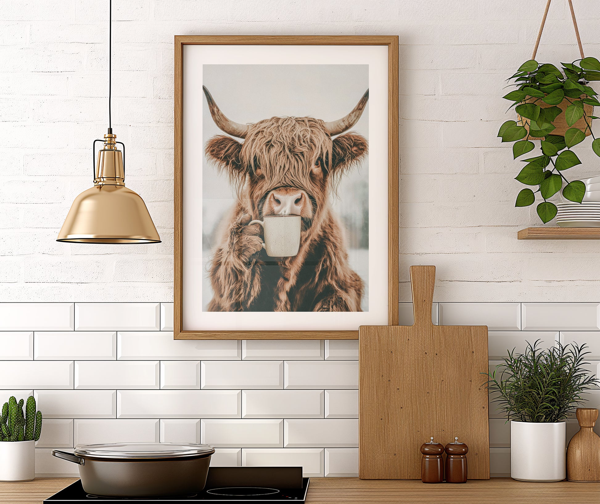 Küchen Prints Kaffeeposter Highland Kuh Trinkt Kaffee Esszimmer Bild Küchen Poster Küchen Deko Wand Kaffee Geschenk Umzug Highland Cow