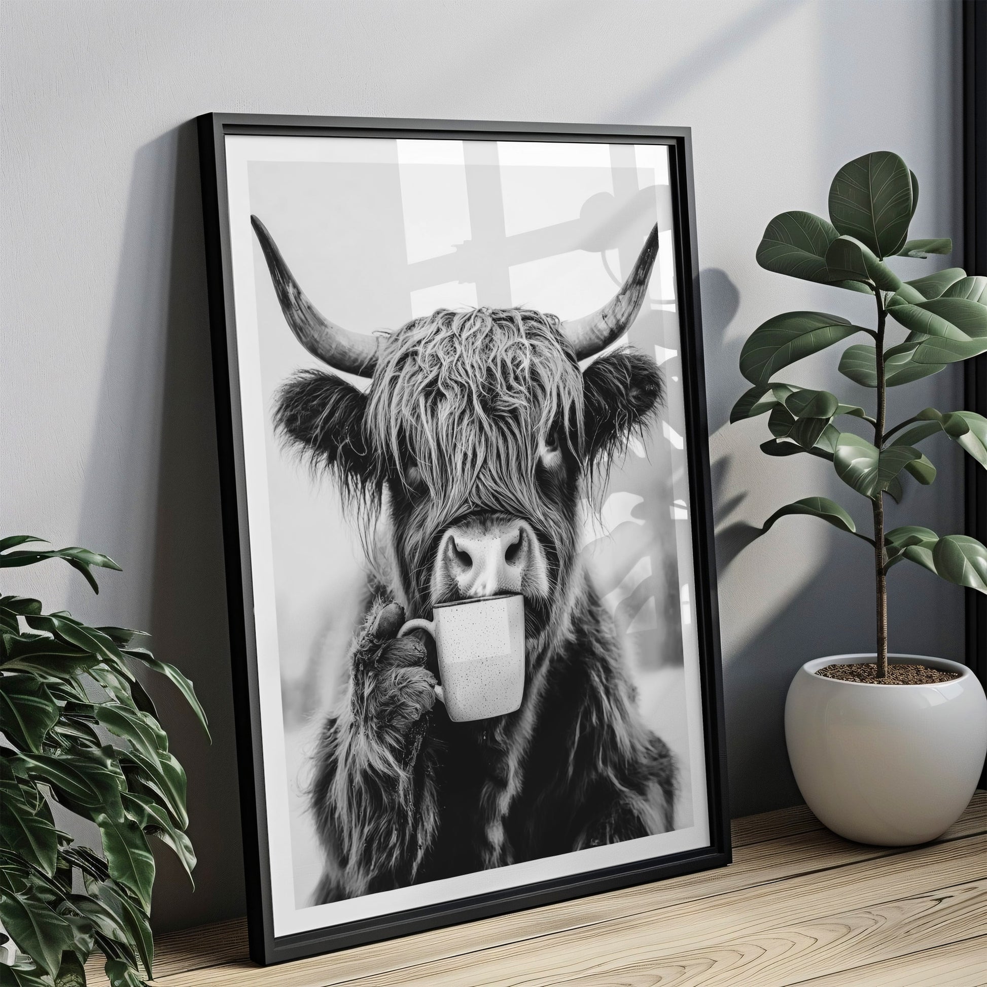 Kuh trinkt Kaffee Poster - Küchenbild Schwarz Weiß - Highland Kuh Esszimmer Bild