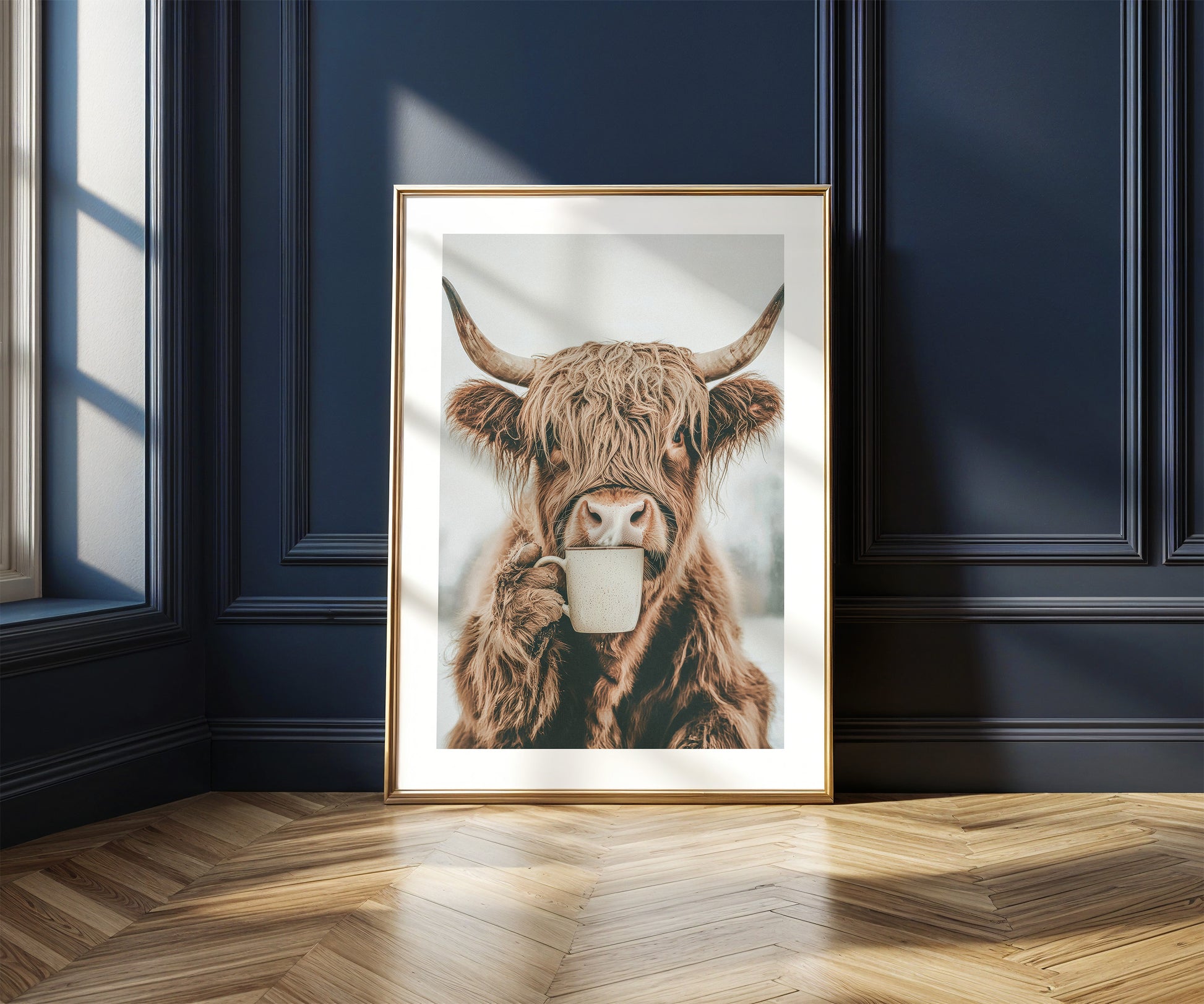 Küchen Prints Kaffeeposter Highland Kuh Trinkt Kaffee Esszimmer Bild Küchen Poster Küchen Deko Wand Kaffee Geschenk Umzug Highland Cow