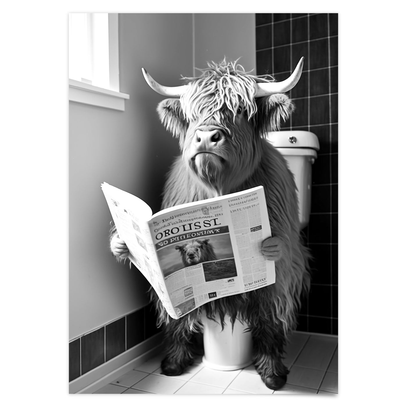 Kuh auf Klo Poster Gäste WC Bild Badezimmer Deko Stier auf Toilette Highland Cow Trendige Poster Wanddeko Art Deco Wanddekoration Lustig