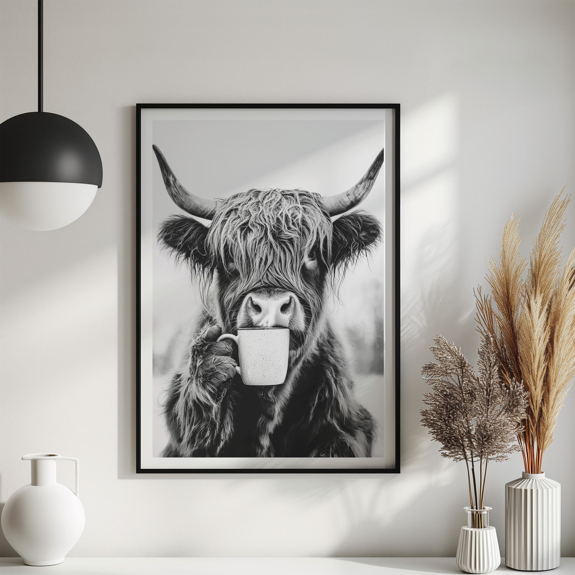 Kuh trinkt Kaffee Poster - Küchenbild Schwarz Weiß - Highland Kuh Esszimmer Bild