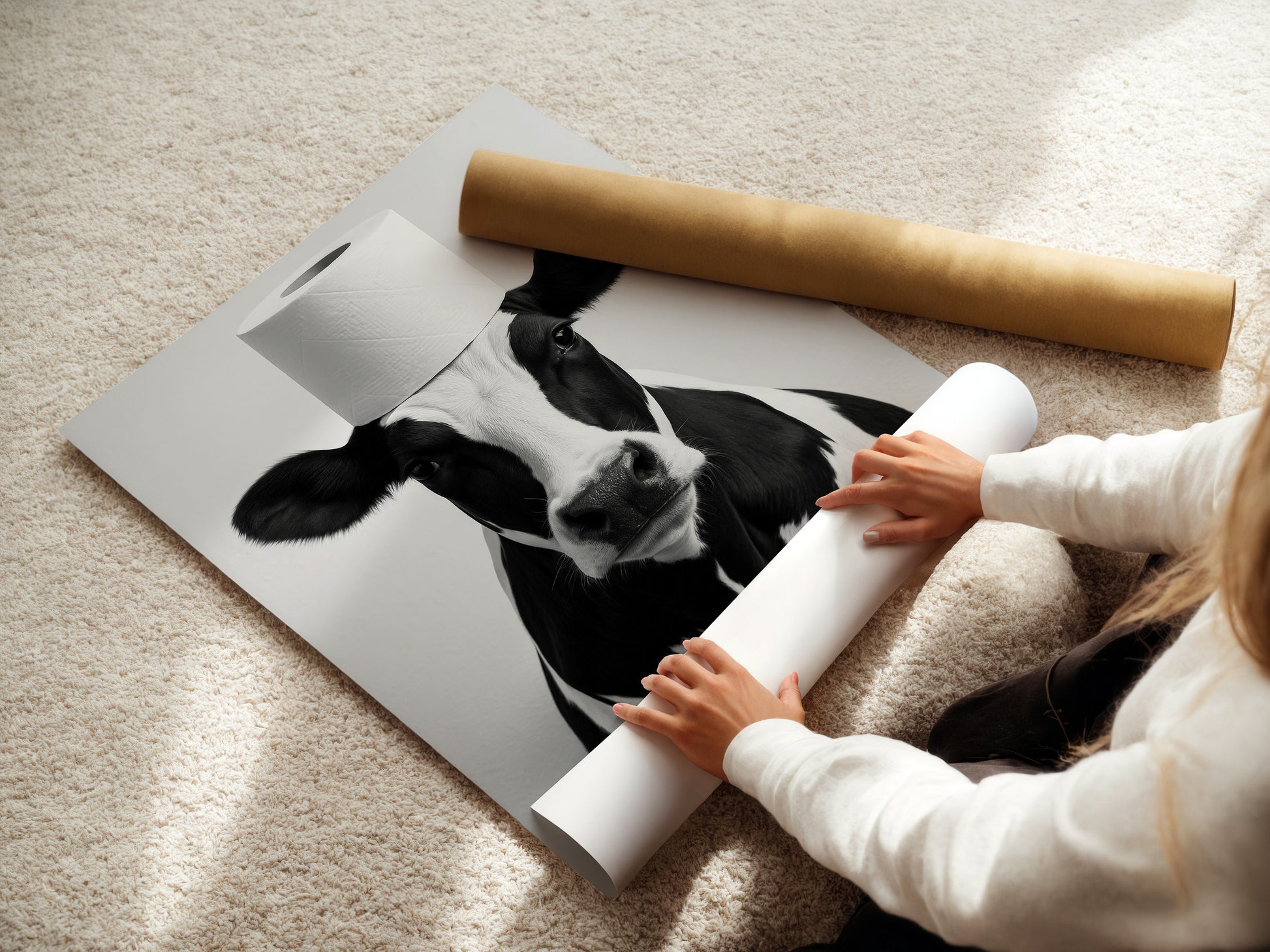 Geschenk zum Hauskauf - Badezimmer Poster Kuh mit Klopapierrolle auf dem Kopf