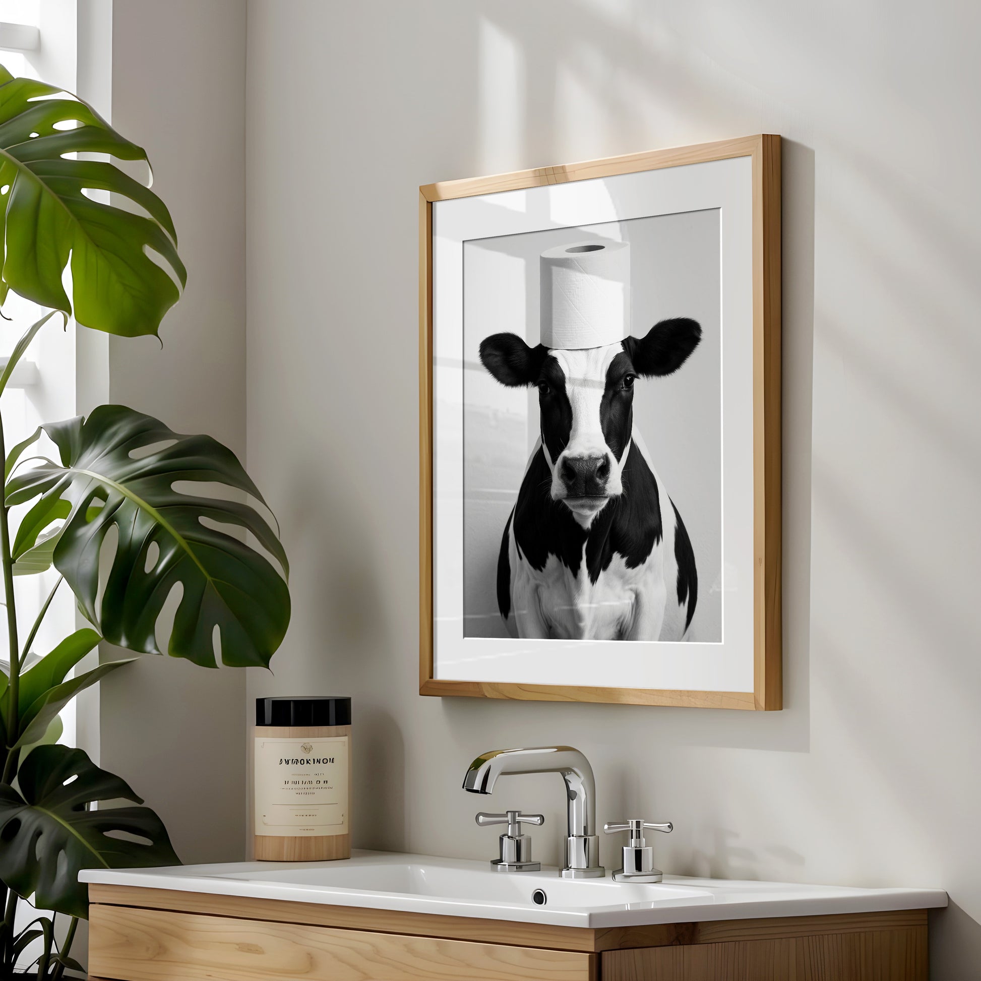 Geschenk zum Hauskauf - Badezimmer Poster Kuh mit Klopapierrolle auf dem Kopf