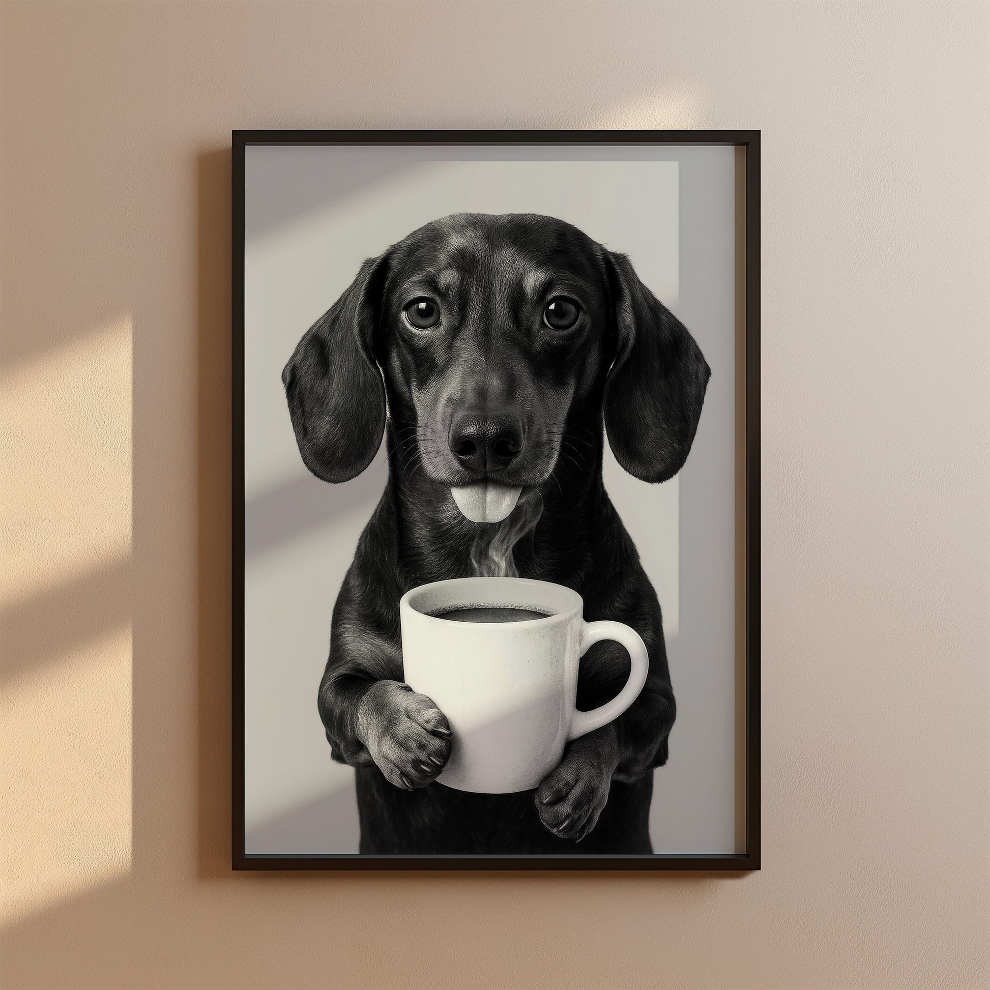 Dackel trinkt Kaffee Poster Wandkunst - Schwarz-Weiß Druck