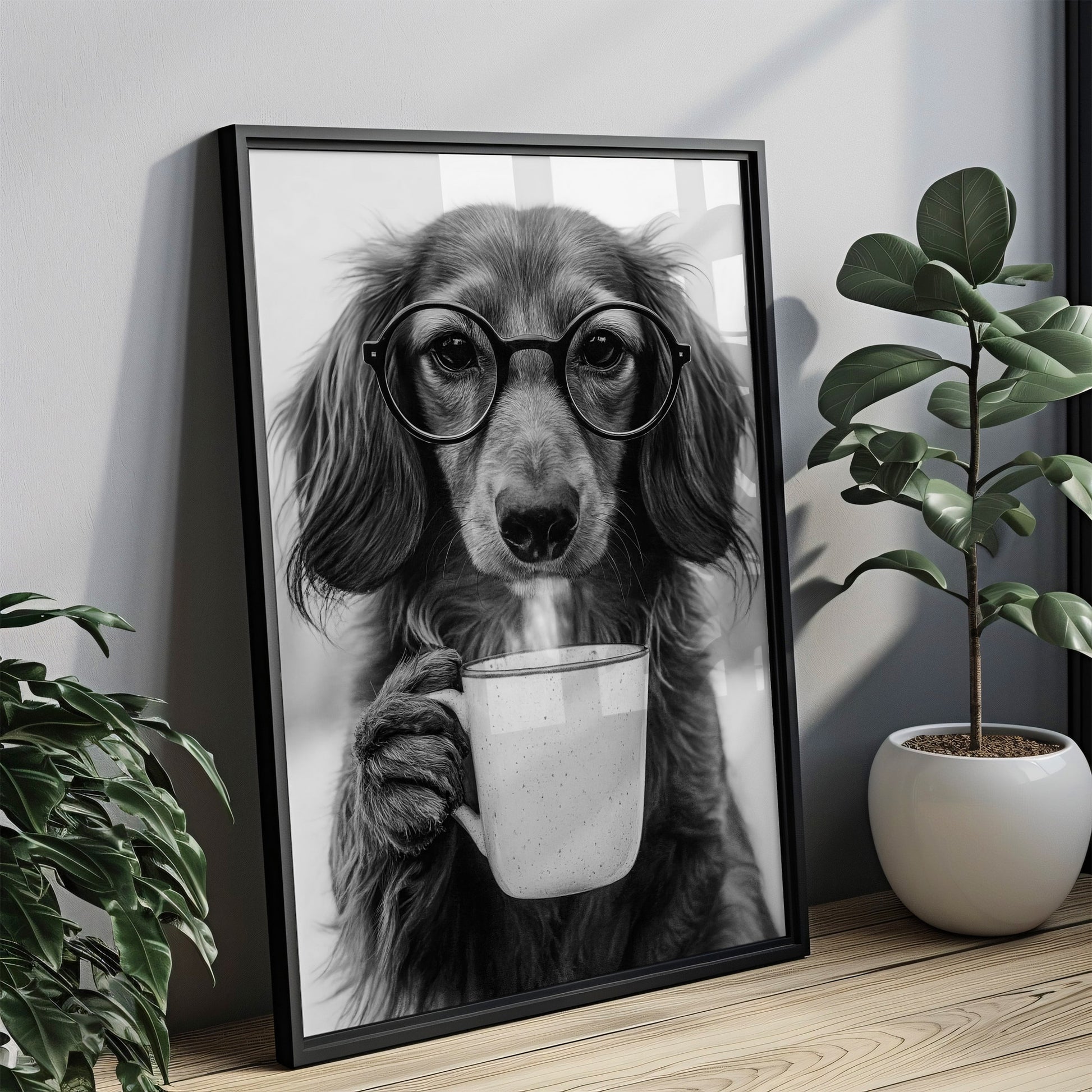 Langhaardackel trinkt Kaffee Poster Küche und Esszimmer Bild