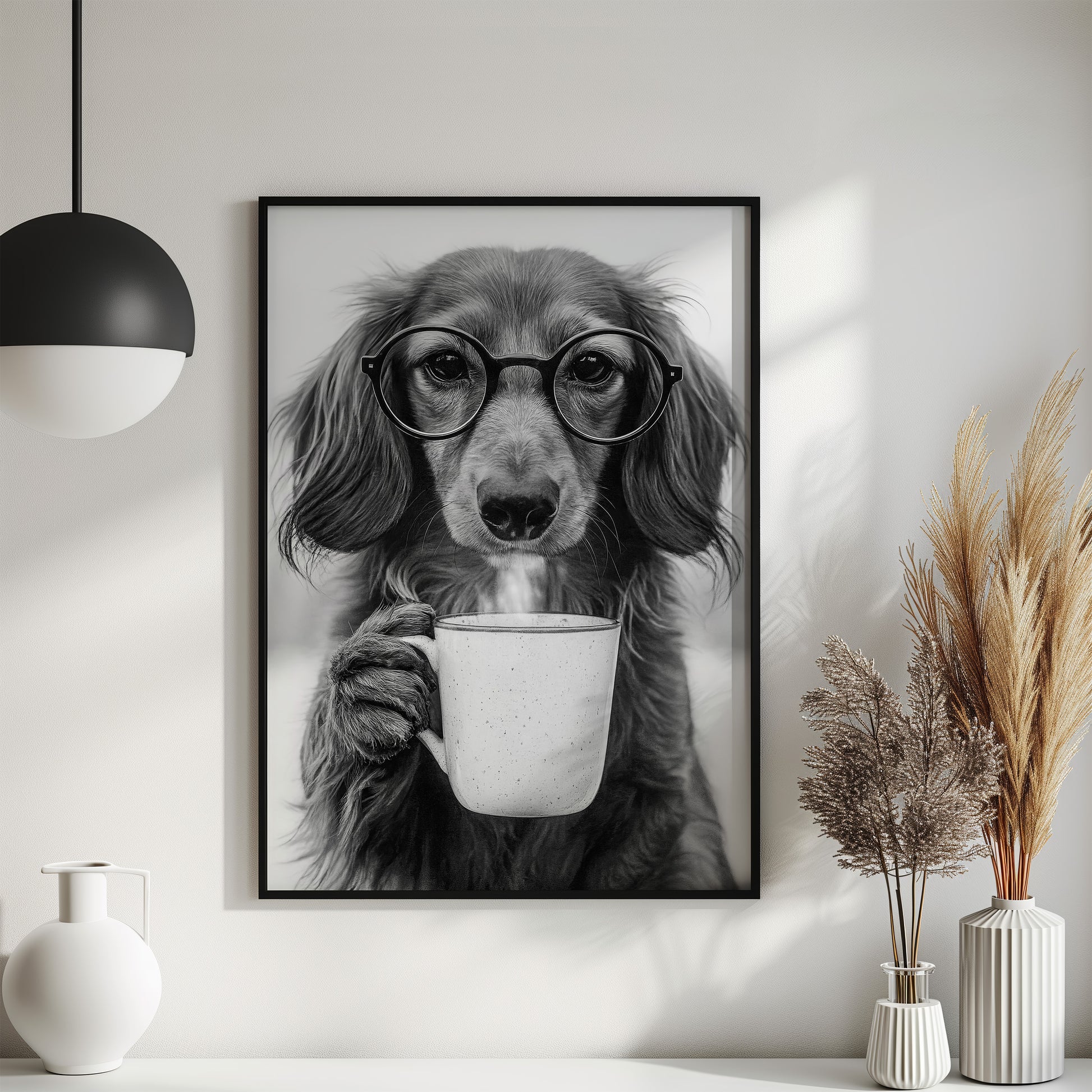 Langhaardackel trinkt Kaffee Poster Küche und Esszimmer Bild