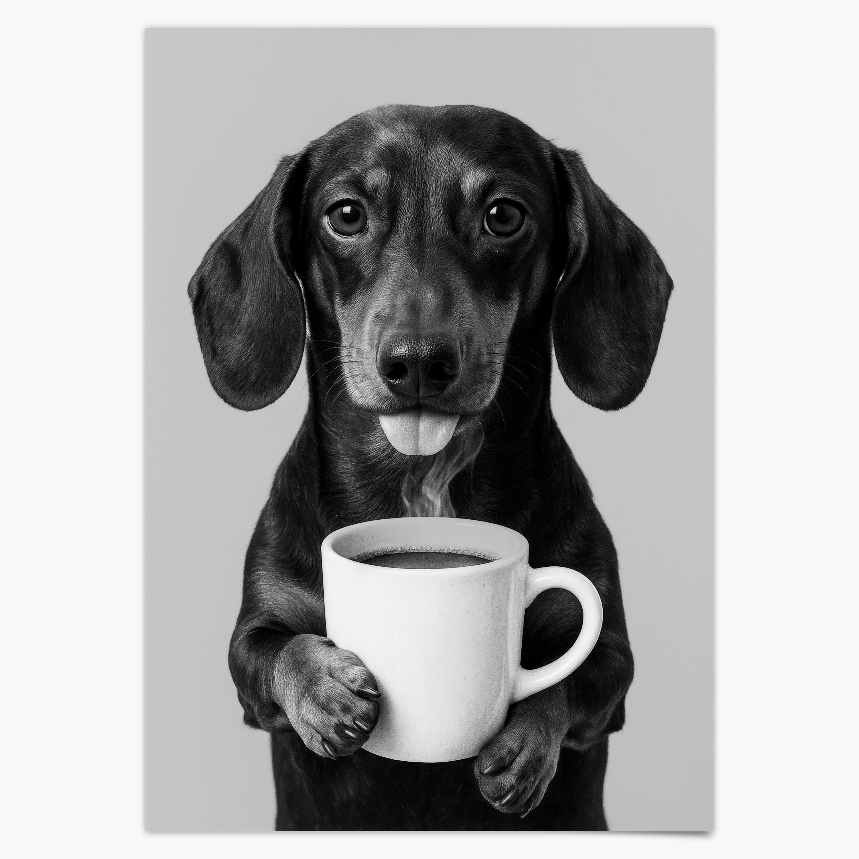 Dackel trinkt Kaffee Poster Wandkunst - Schwarz-Weiß Druck