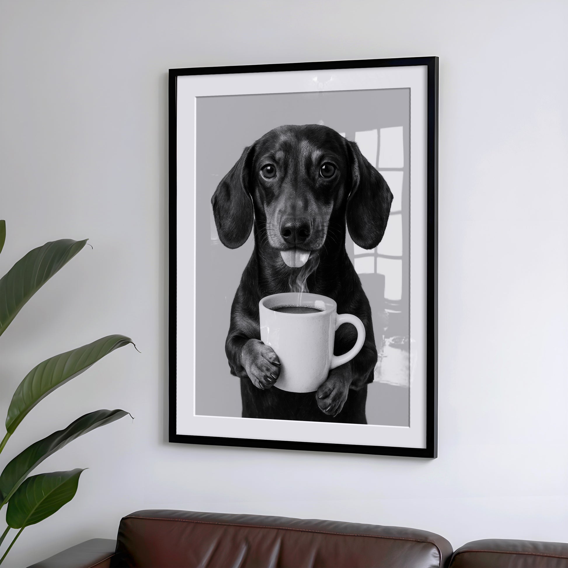 Dackel trinkt Kaffee Poster Wandkunst - Schwarz-Weiß Druck